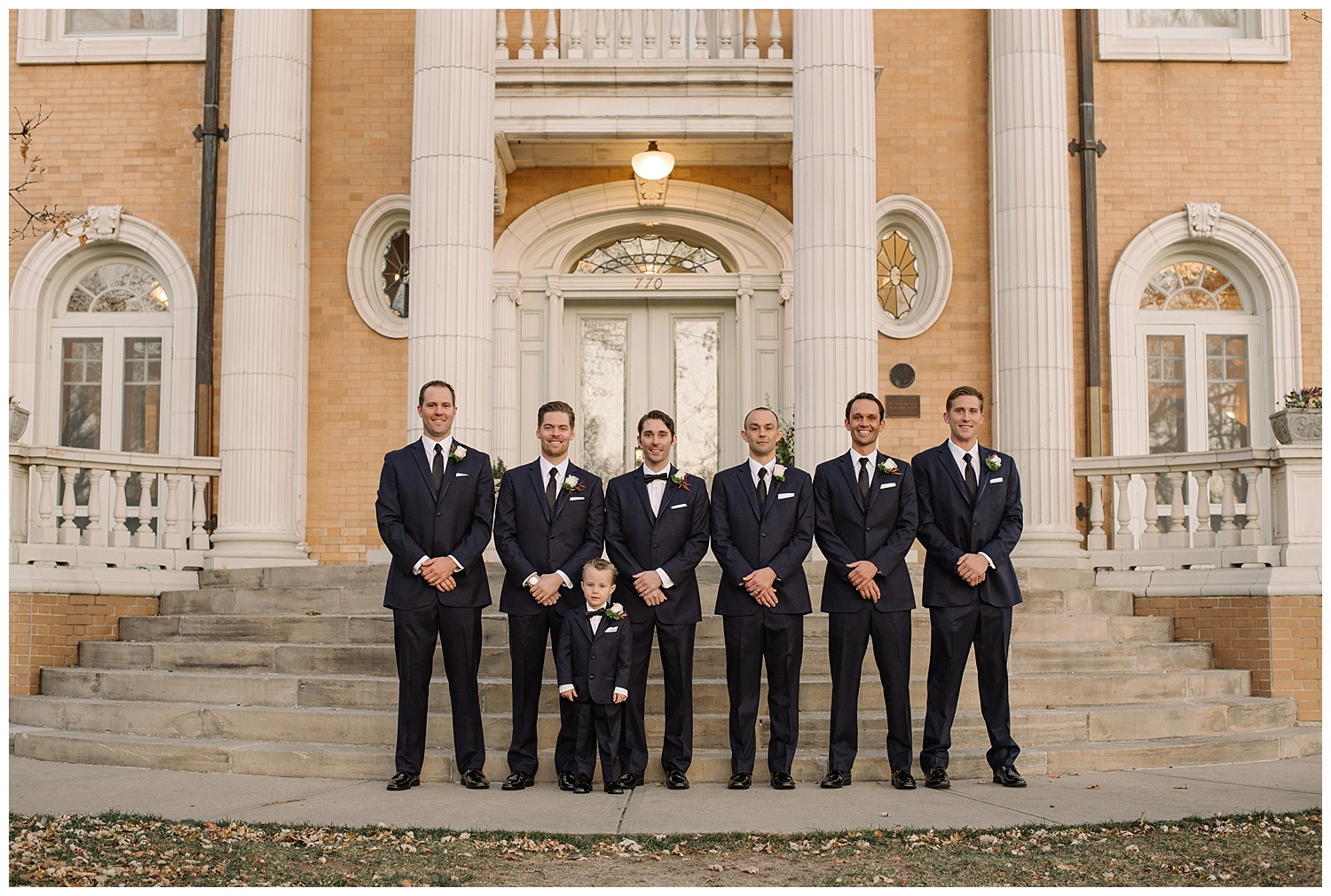 Groomsmen Standing on Steps | Lindsey and Jeff's Intimate Wedding at Grant Humphrey's Mansion | Denver Colorado Photographer | Farm Wedding Photographer | Apollo Fields Wedding Photojournalism