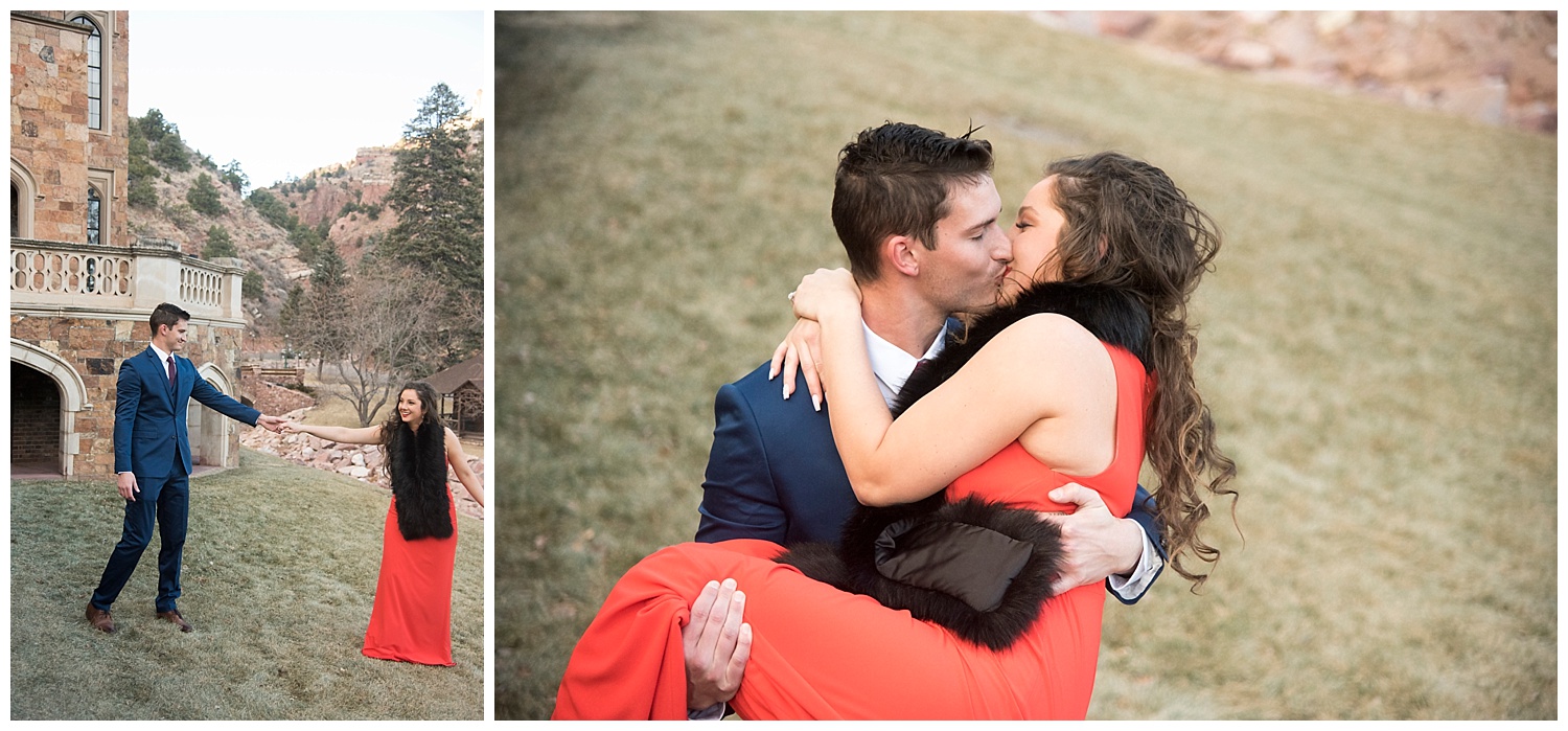 Man Holding Woman in His Arms | Nicholas and Eden's Surprise Proposal at Glen Eyrie Castle | Colorado Springs Photographer | Farm Wedding Photographer | Apollo Fields Wedding Photojournalism