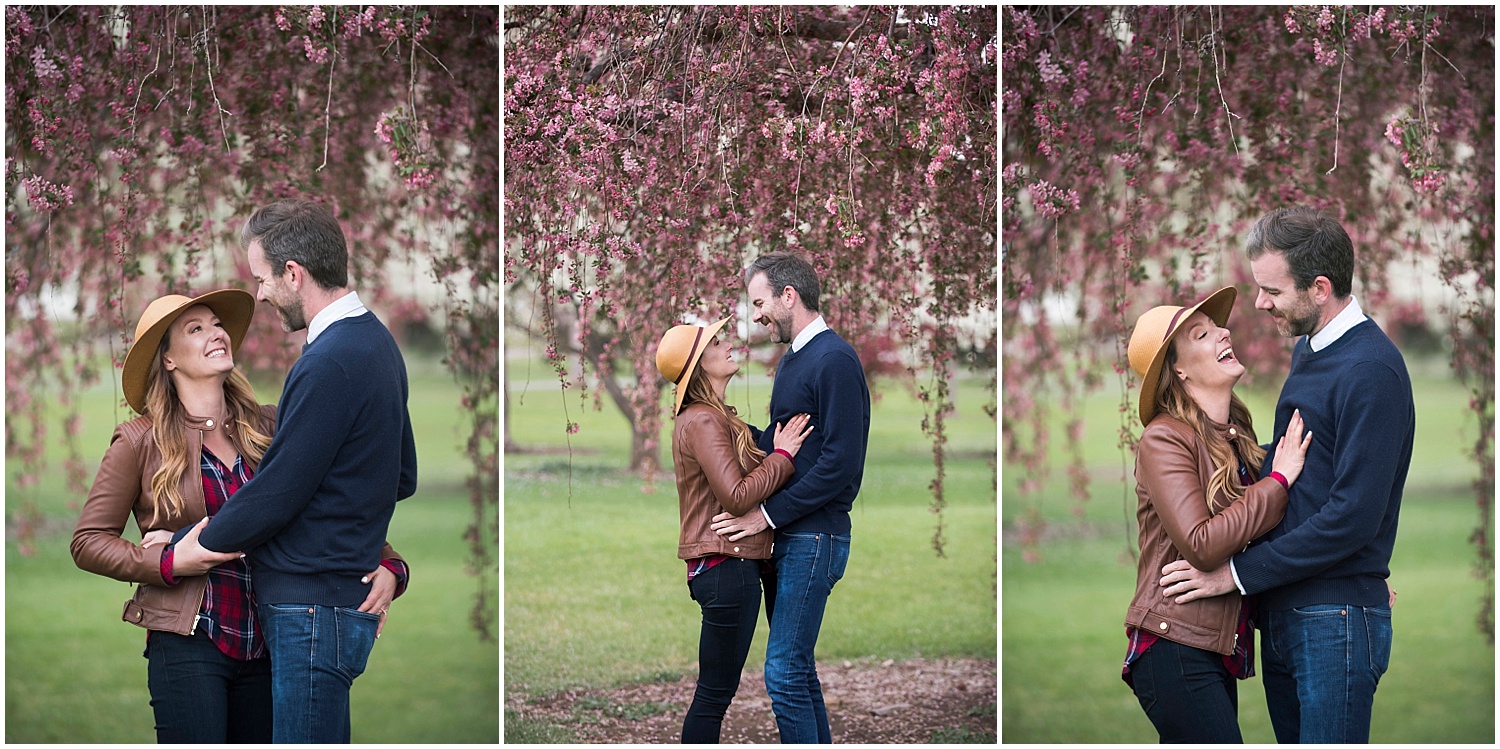 Cherry Blossom Engagement Photos Plaid Shirt