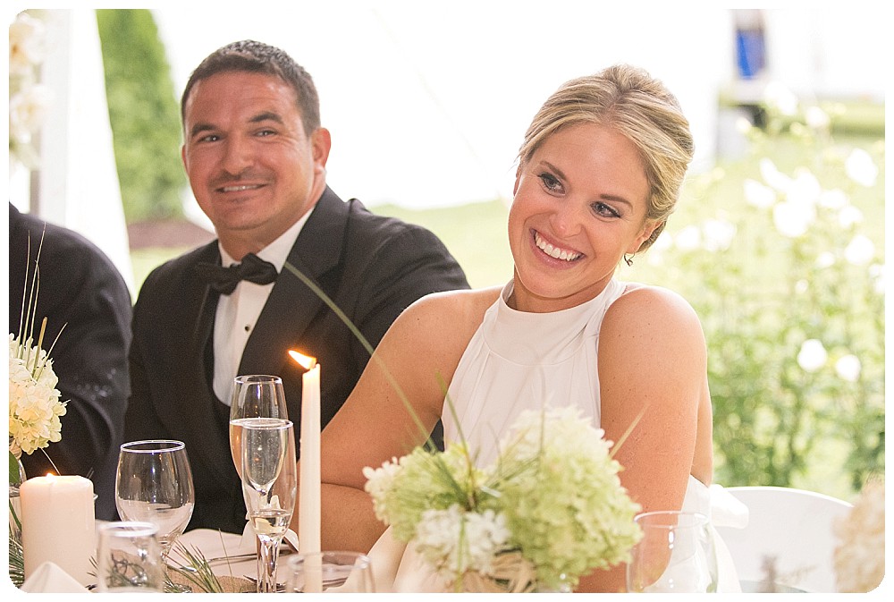 Bride and Groom During Speeches, Wedding Dress, Grooms Tuxedo