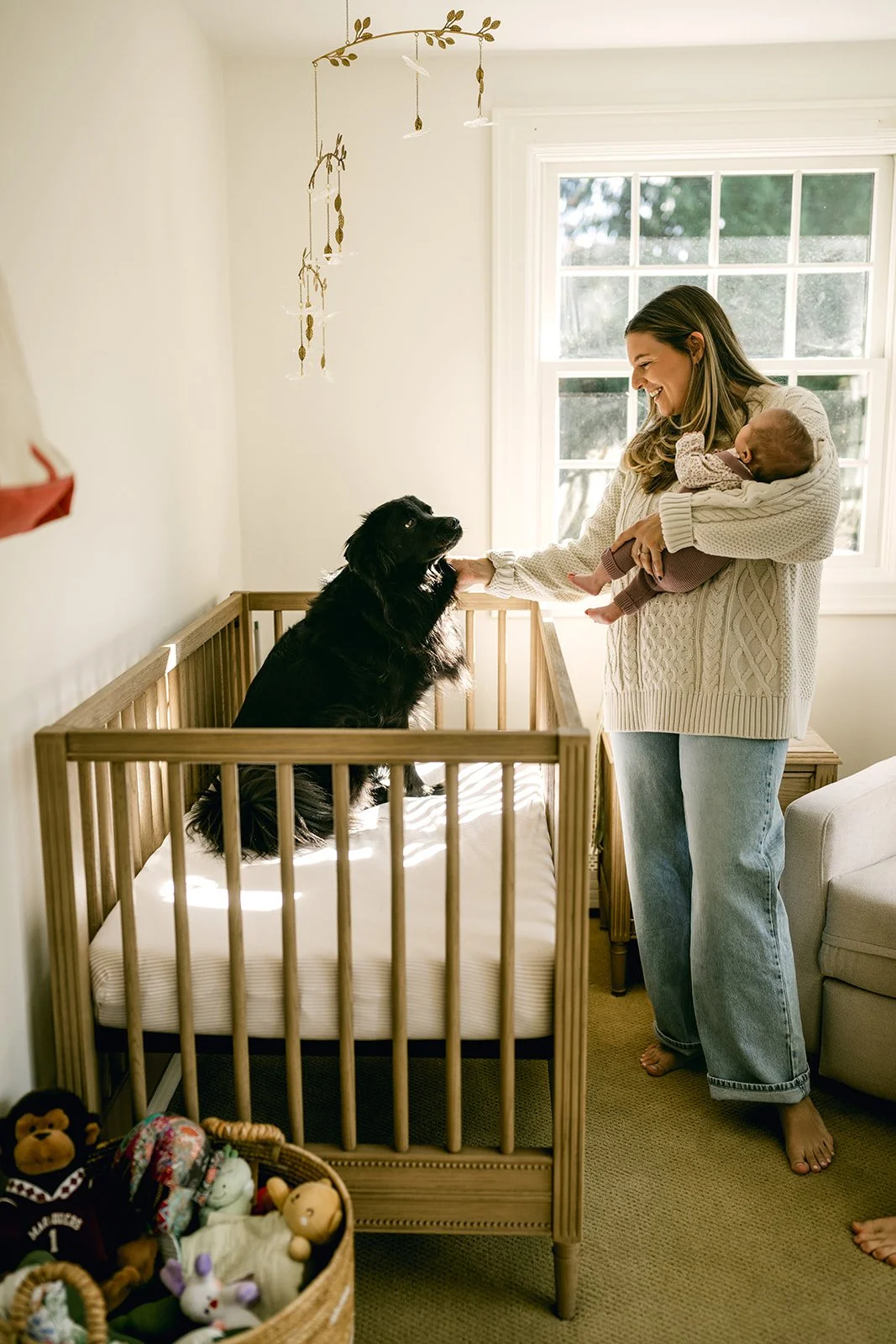 A woman holding a baby and smiling at a black dog sitting in a crib during daytime.