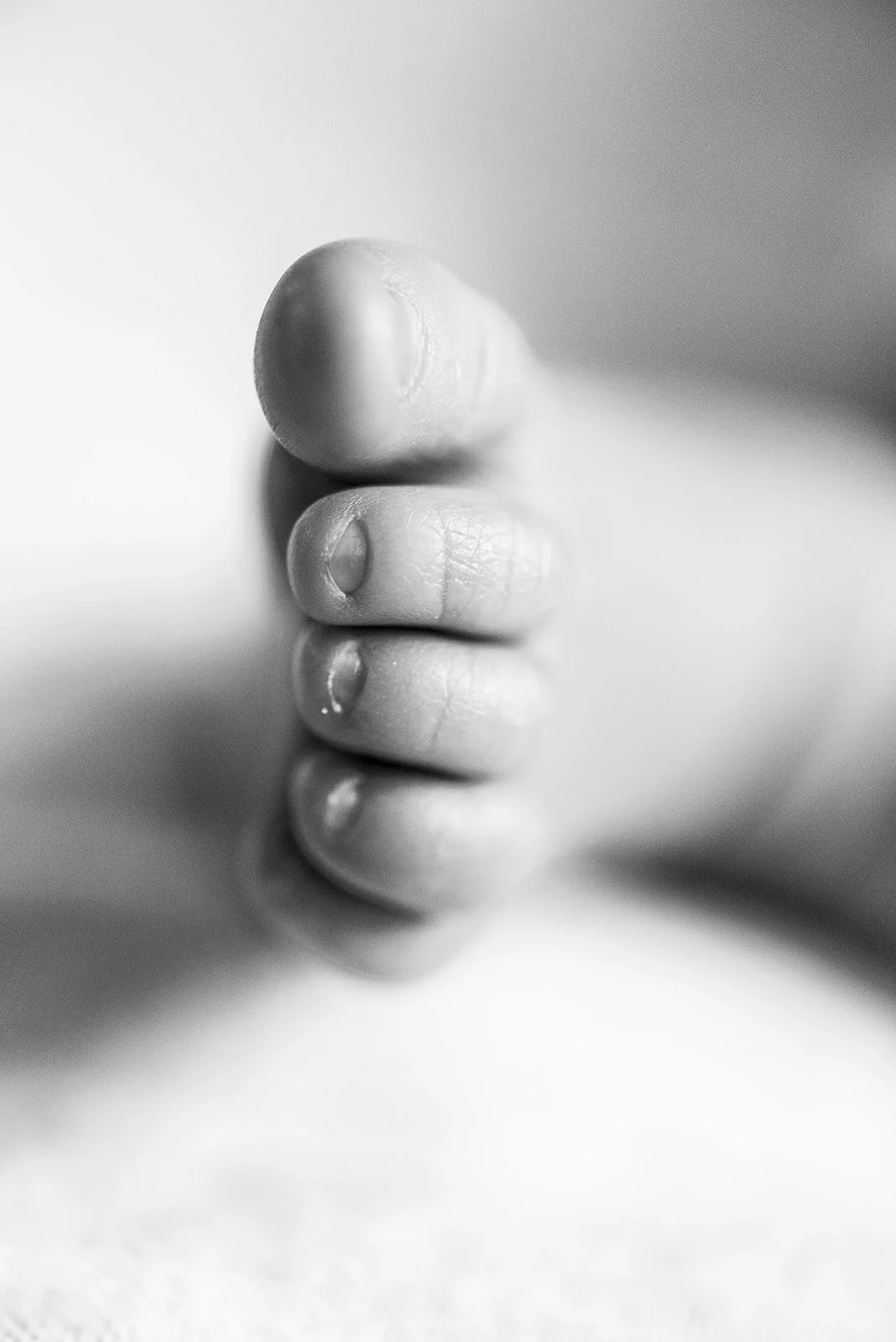 Close-up of a baby's hand with fingers curled in a fist, in black and white.