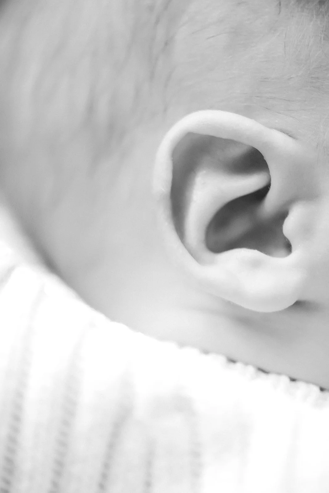 Close-up of an infant's ear in black and white.
