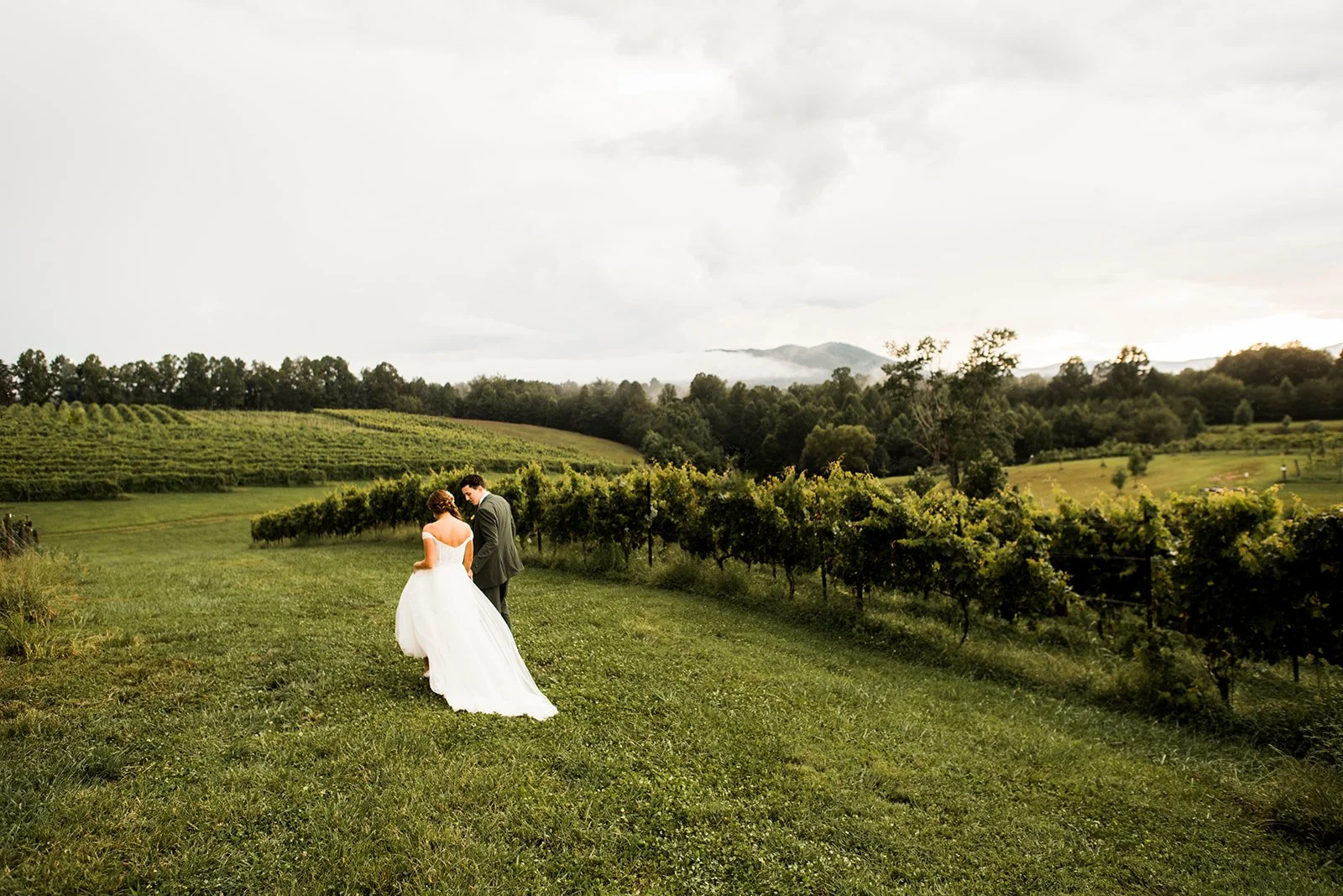 A bride and groom walking through a lush green vineyard in the countryside on a cloudy day.