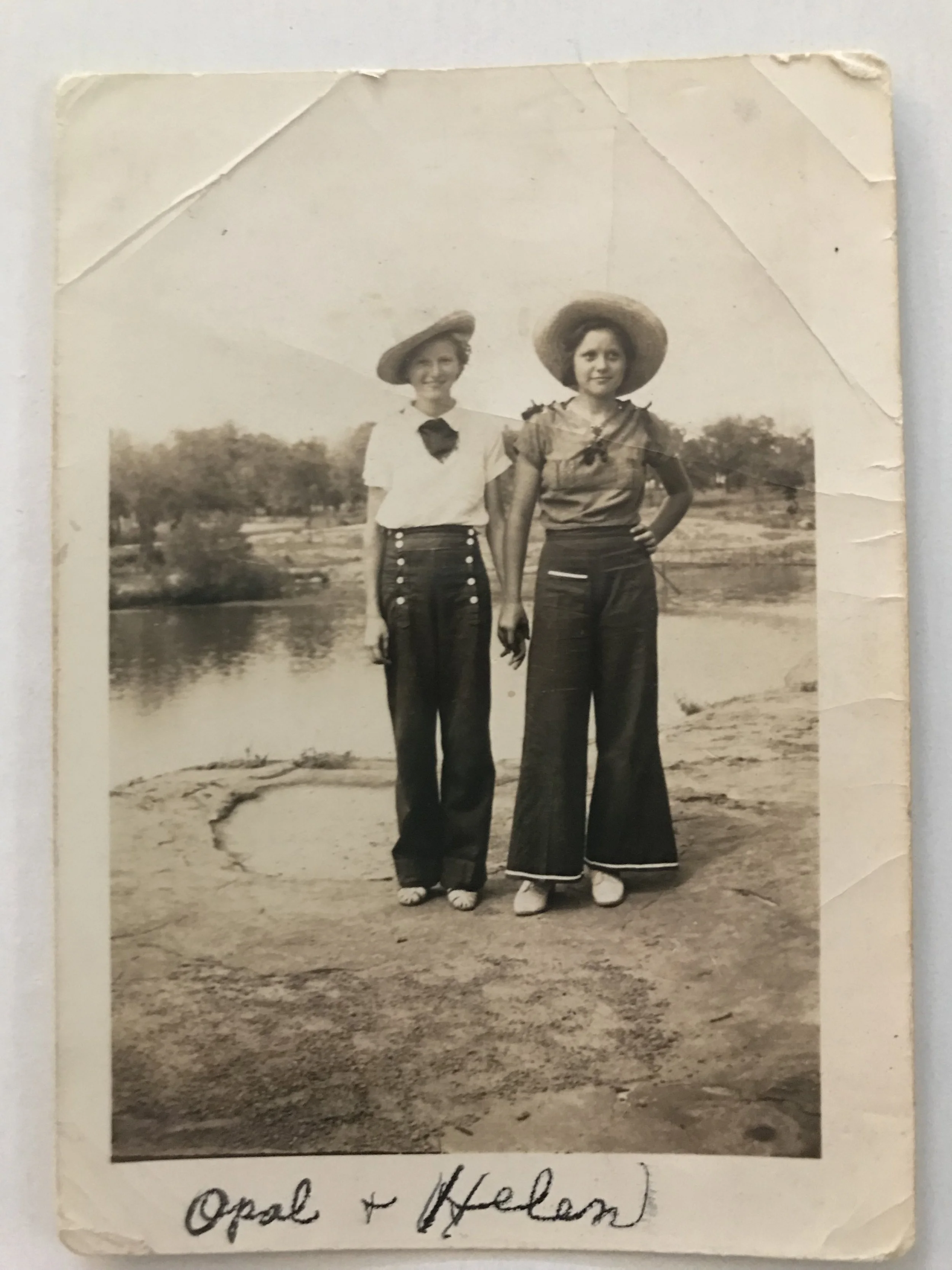 Opal said this photo was taken when women first started wearing slacks. She wasn’t allowed to wear pants at home, so she secretly made those. From the back of the photo that was taken in the late 30s: My pants I made out of white feed sacks and dyed…