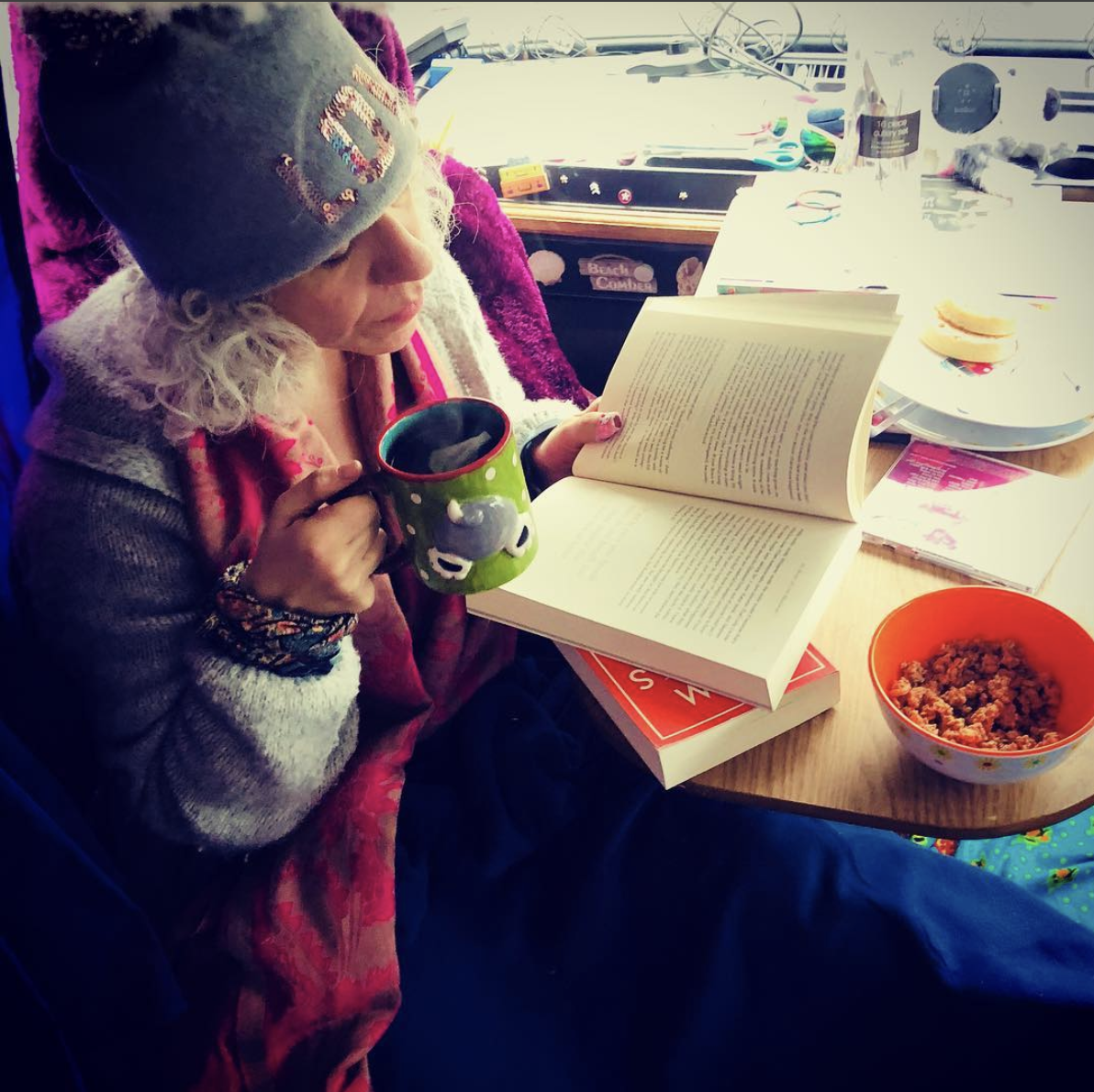 Our first morning in the campervan - note green tea in hand!