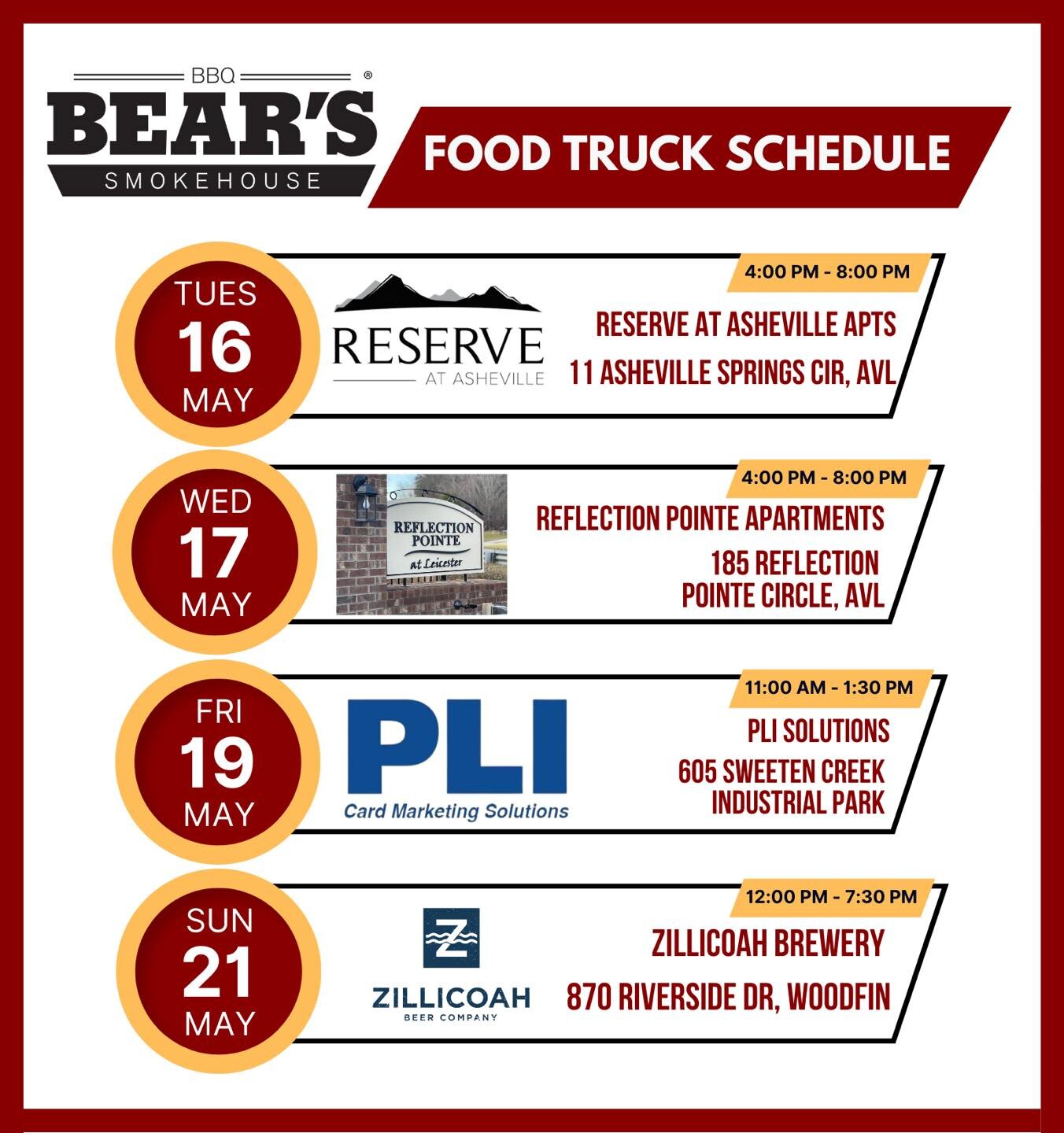 Check out all the places you can find us this week! We&rsquo;ll be slinging BBQ all over WNC, including Asheville Downtown Association&rsquo;s Downtown After 5 and WNC Bigfoot Festival!
#ashevillefoodtrucks #ashevillefoodiecommunity #ashevillenc