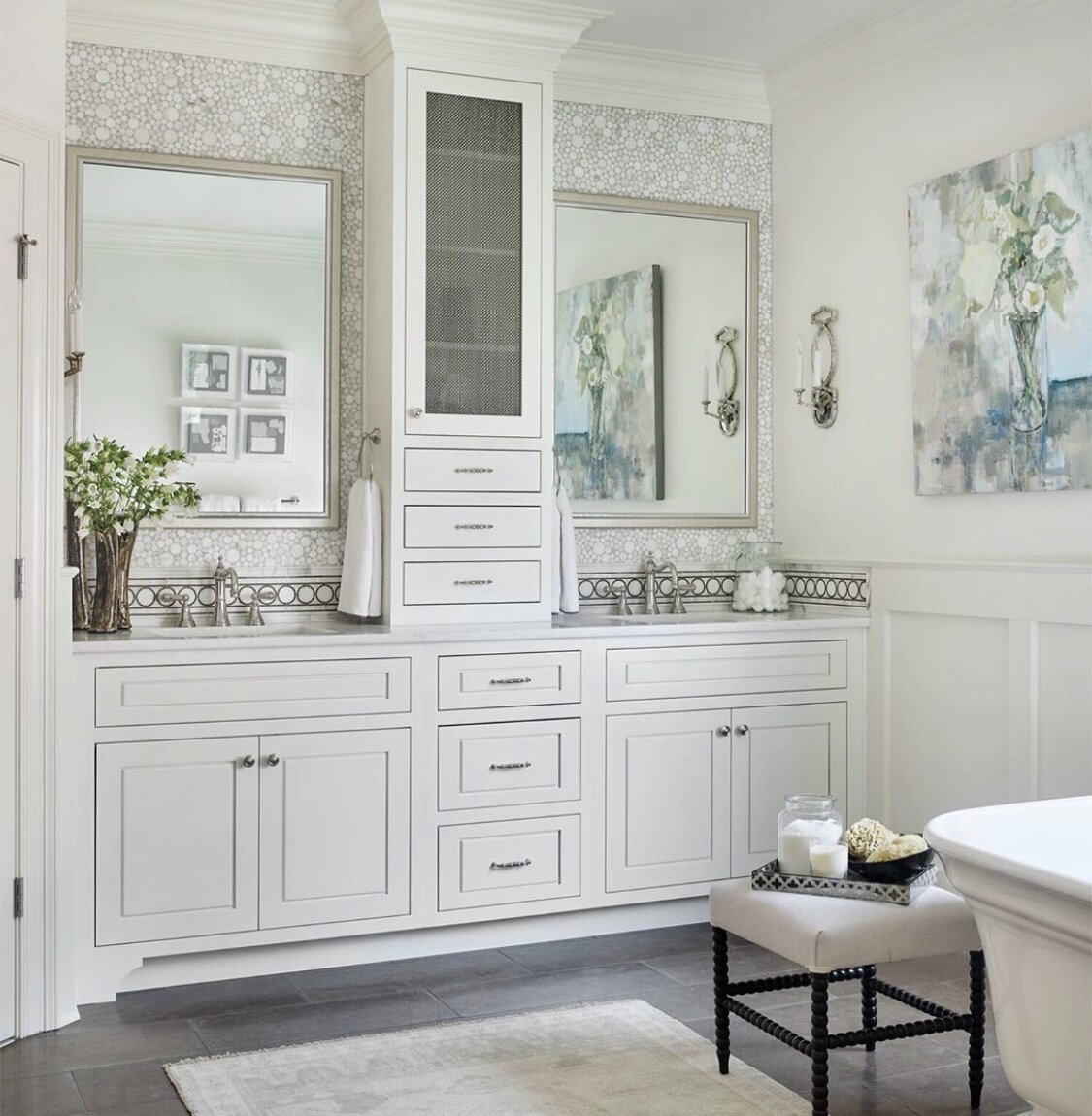 "Neutrals" framed in acrylic boxes are the perfect touch of clean in this master bath