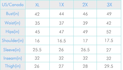 Ready to wear size chart 