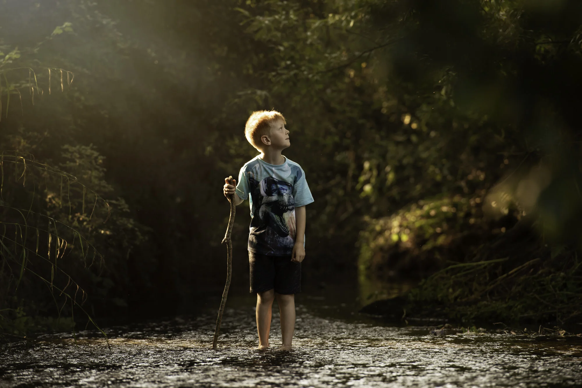 Boy in stream at sunset