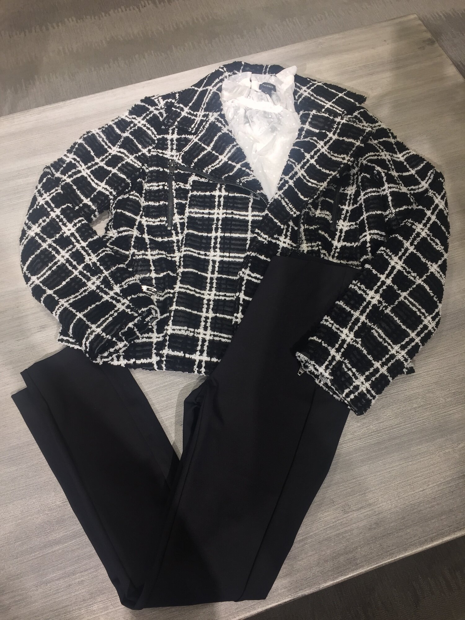 For days you’re meeting clients or have a business lunch, opt for a more formal version of business casual. This lightweight wool slim pant, feminine blouse and plaid blazer assures you’ll make a good impression. Outfit from Nordstrom.