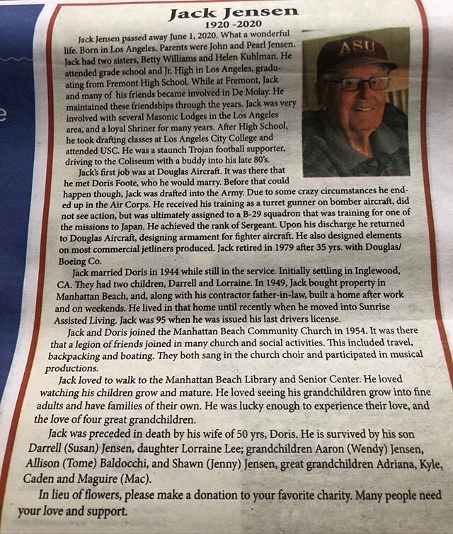 Pretty amazing Grandpa I had! He started life for us all in Manhattan Beach. He was a gift to us all! 
Love my dad for sharing this - a glimpse into his life. And love that donations are for anyone who is in need, that is exactly what my grandpa woul