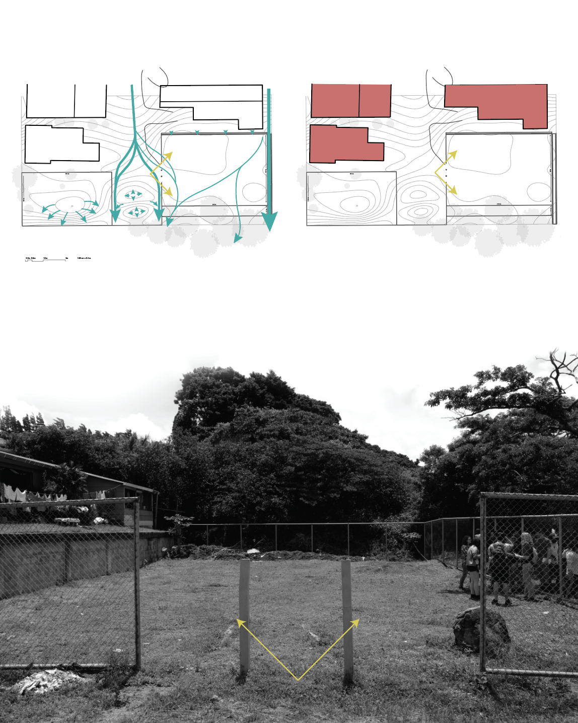 Water drainage (top left), residential housing (top right) and the site pre-construction