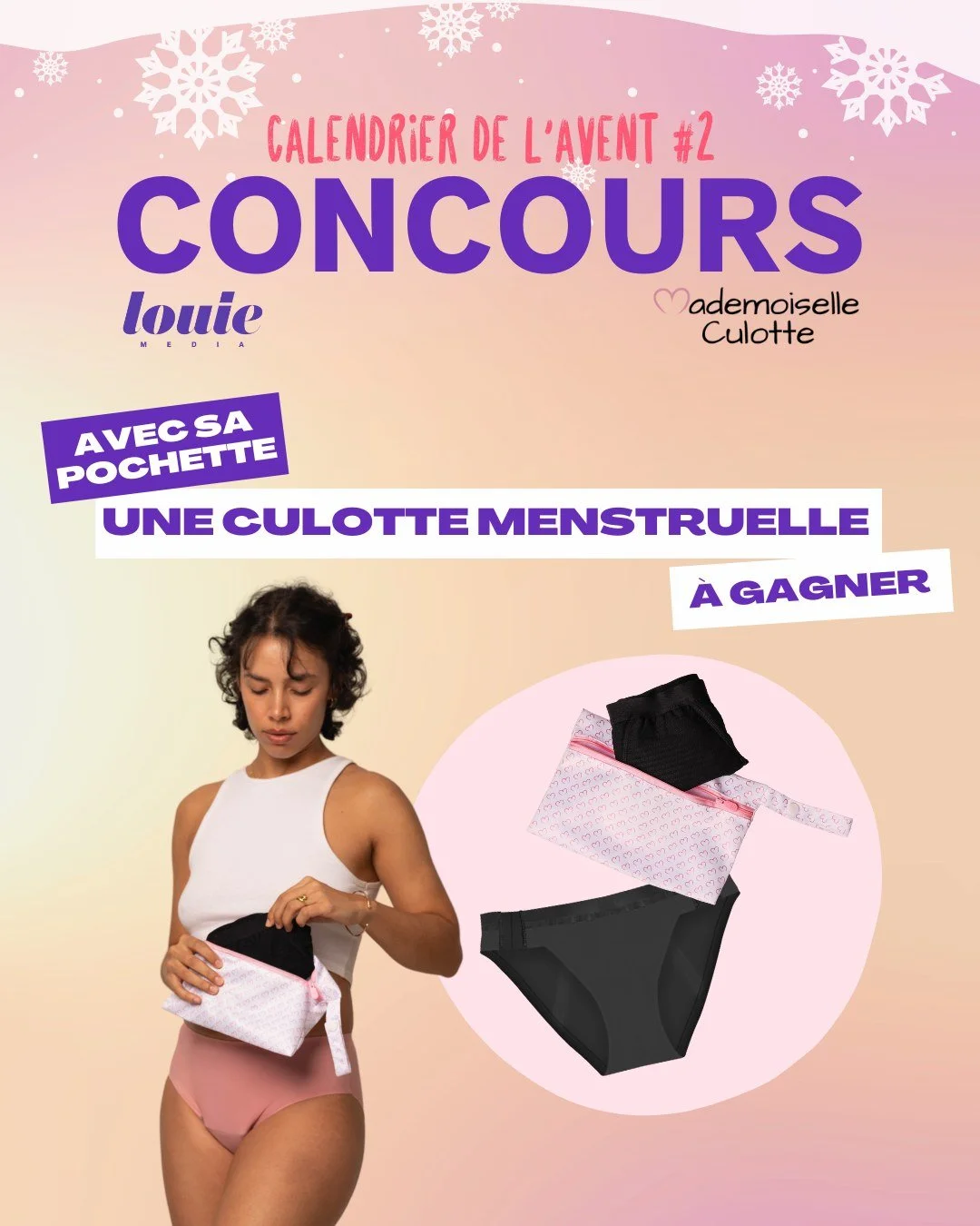 🎁CALENDRIER DE L&rsquo;AVENT 🎁
Nous continuons d&rsquo;&eacute;gayer votre mois de d&eacute;cembre avec un second concours, cette fois-ci pour gagner la culotte menstruelle d&eacute;tachable &ldquo;Arya&quot;, accompagn&eacute;e de sa pochette c&oe