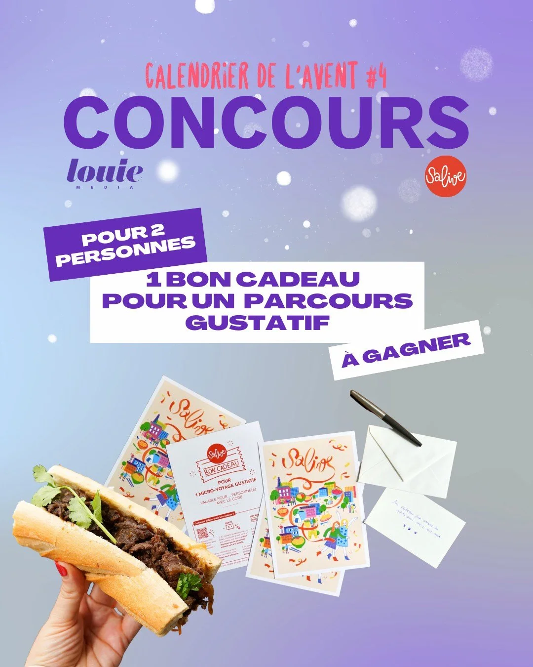 🎁 CALENDRIER DE L&rsquo;AVENT 🎁
Vous aimez les balades et la nourriture ? &Ccedil;a tombe bien, nous vous faisons gagner un bon cadeau @salive.paris pour 2 personnes. L&rsquo;occasion pour vous d&rsquo;embarquer dans un voyage gustatif en plein c&o