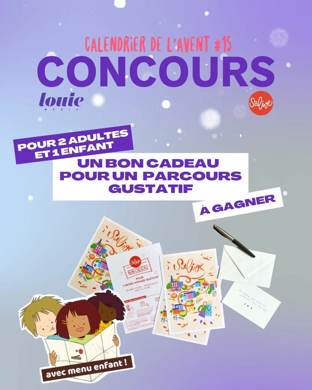 🎁CALENDRIER DE L&rsquo;AVENT 🎁
Votre enfant est gourmand et curieux ? &Ccedil;a tombe bien, nous vous faisons gagner un bon cadeau @salive.paris pour 2 adultes et un enfant. L&rsquo;occasion pour vous d&rsquo;embarquer dans un voyage gustatif au Vi