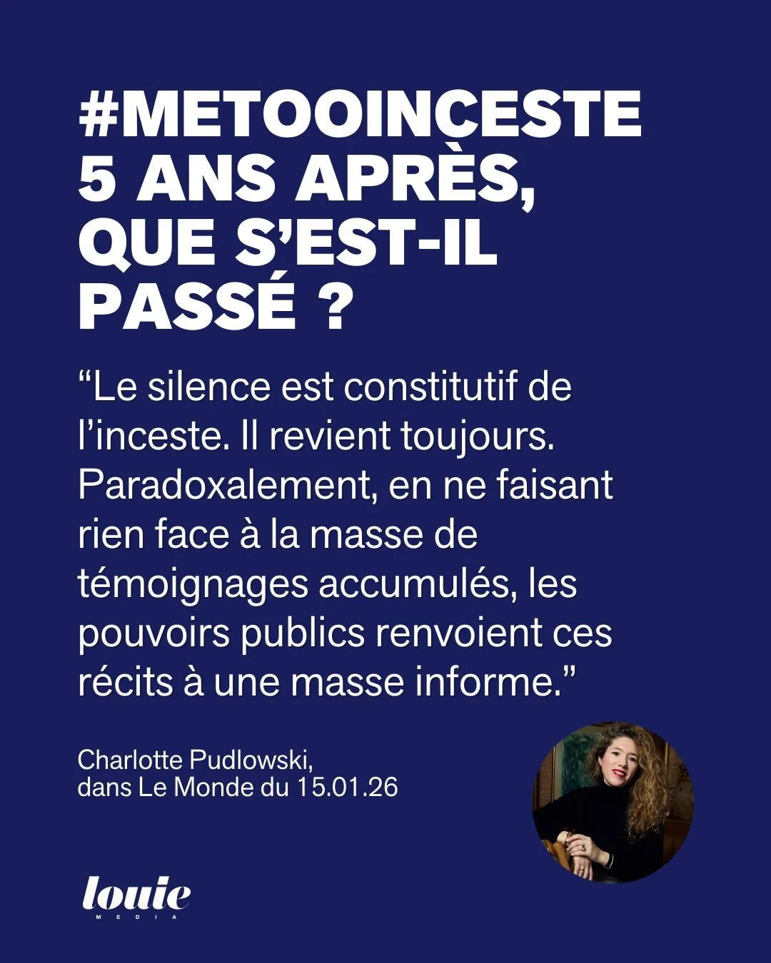 💬&Agrave; l&rsquo;occasion des 5 ans de #MeTooInceste, @chapudlowski, co-fondatrice de Louie Media et autrice du podcast "Ou peut-&ecirc;tre une nuit", revient dans @lemondefr sur son enqu&ecirc;te fondatrice.

Aux c&ocirc;t&eacute;s de l&