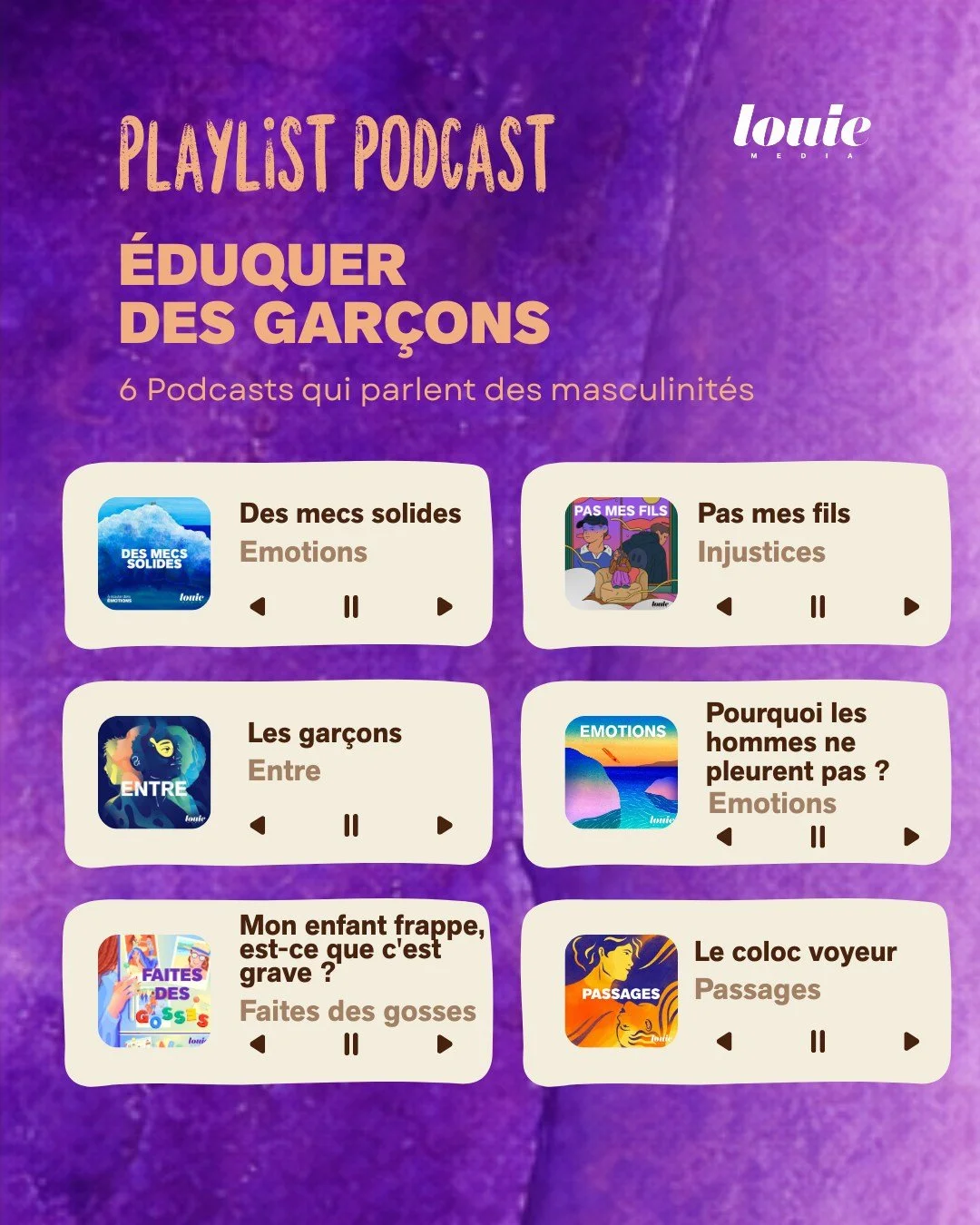 🎧 Une playlist sp&eacute;ciale pour &eacute;duquer les gar&ccedil;ons !
D&eacute;couvrez notre s&eacute;lection de podcasts qui explorent le masculinisme, la fragilit&eacute; des hommes souvent invisible, l&rsquo;&eacute;ducation genr&eacute;e, la c