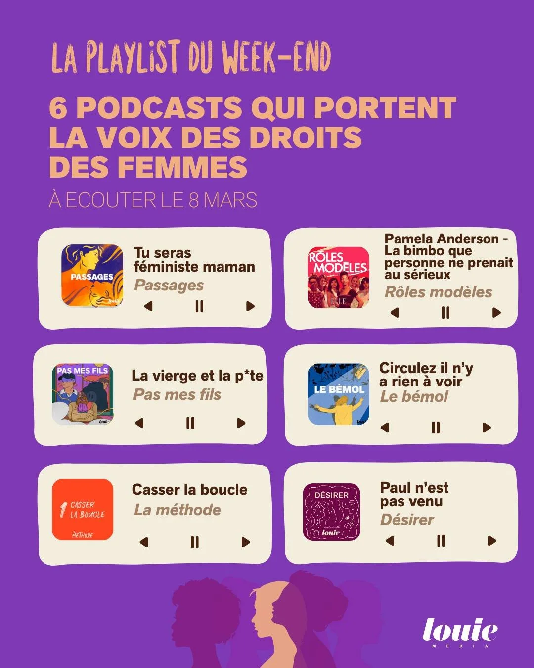 &Agrave; l&rsquo;occasion de la journ&eacute;e internationale des droits des femmes, voici une playlist de six podcasts &agrave; &eacute;couter le 8 mars (et tout le reste de l&rsquo;ann&eacute;e) 💜

&Agrave; &eacute;couter dans Injustices, Passages