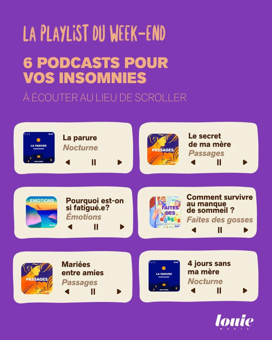 💤 &Agrave; l&rsquo;occasion de la Journ&eacute;e internationale du sommeil, voici une playlist de six podcasts &agrave; &eacute;couter pour soigner vos insomnies !

&Agrave; retrouver dans &Eacute;motions, Passages, Nocturne et Faites des gosses.

L