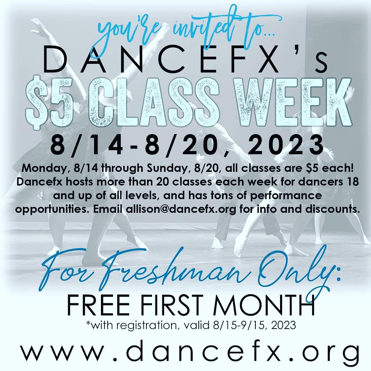 A new season of dance is almost here- get registered now! Want to try something new? $5 Class Week let's you drop-in to all of our classes for only $5 each! 
FRESHMAN- when you register, you get the first month for free! Make sure to note this in you