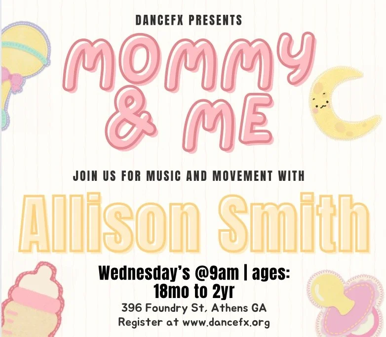 Twirl, laugh, and grow together! Our Mommy & Me classes are the perfect way to share special moments while introducing your little ones to the joy of dance. 
🗓️ Wednesday at 9am | Ages: 18mo to 2yr. 
Register at www.dancefx.org
 #mommyandme❤️