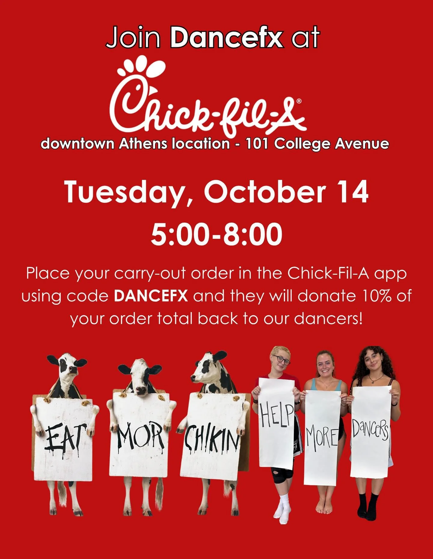 Use your Chick-Fil-A app and community support code DANCEFX to place a carry out order at the downtown Athens Chick-Fil-A tomorrow night between 5:00-8:00 and 10% of your purchase goes back to Dancefx!