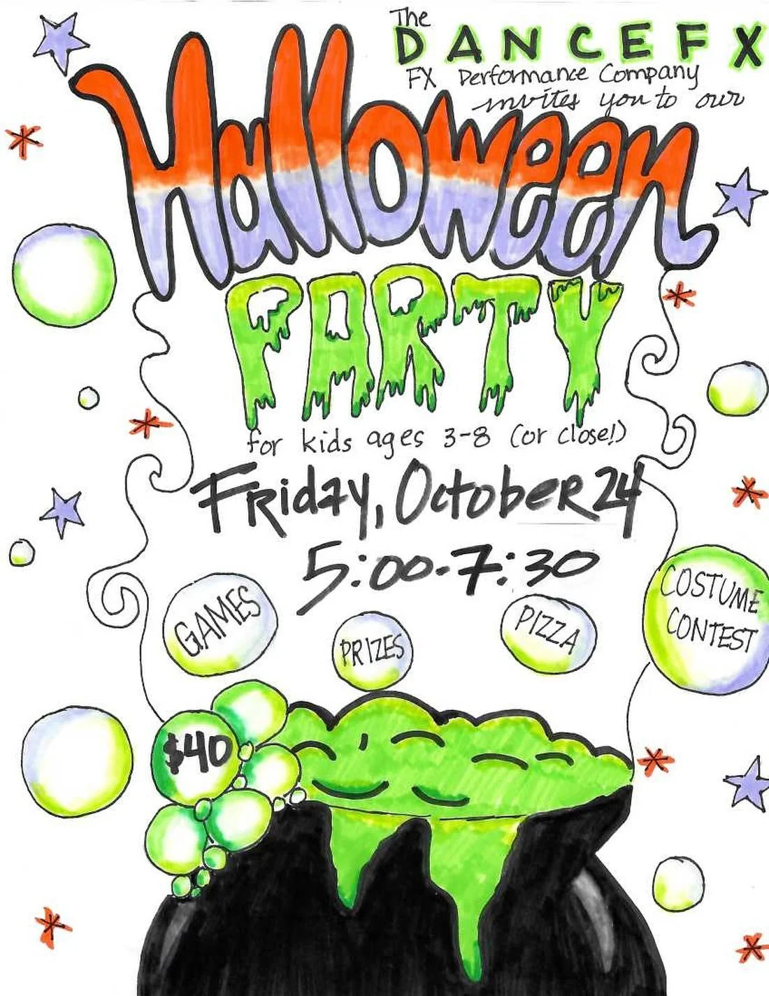 It’s time for our annual Kids’ Halloween Party! Kids ages 3-8 (or close) are invited to join us for an evening of games, crafts, dancing, and pizza with your dance friends! You can register using our drop in form at dancefx.org. We can&rs