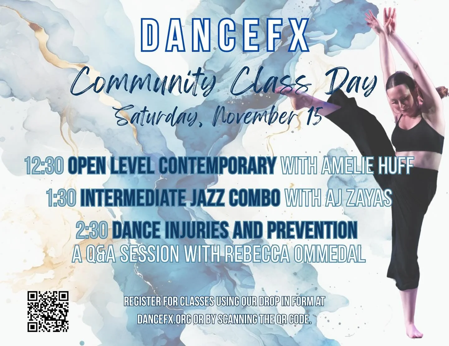 Join us this Saturday, November 15 for our monthly FREE Community Class Day. You can register using our drop in form at dancefx.org.