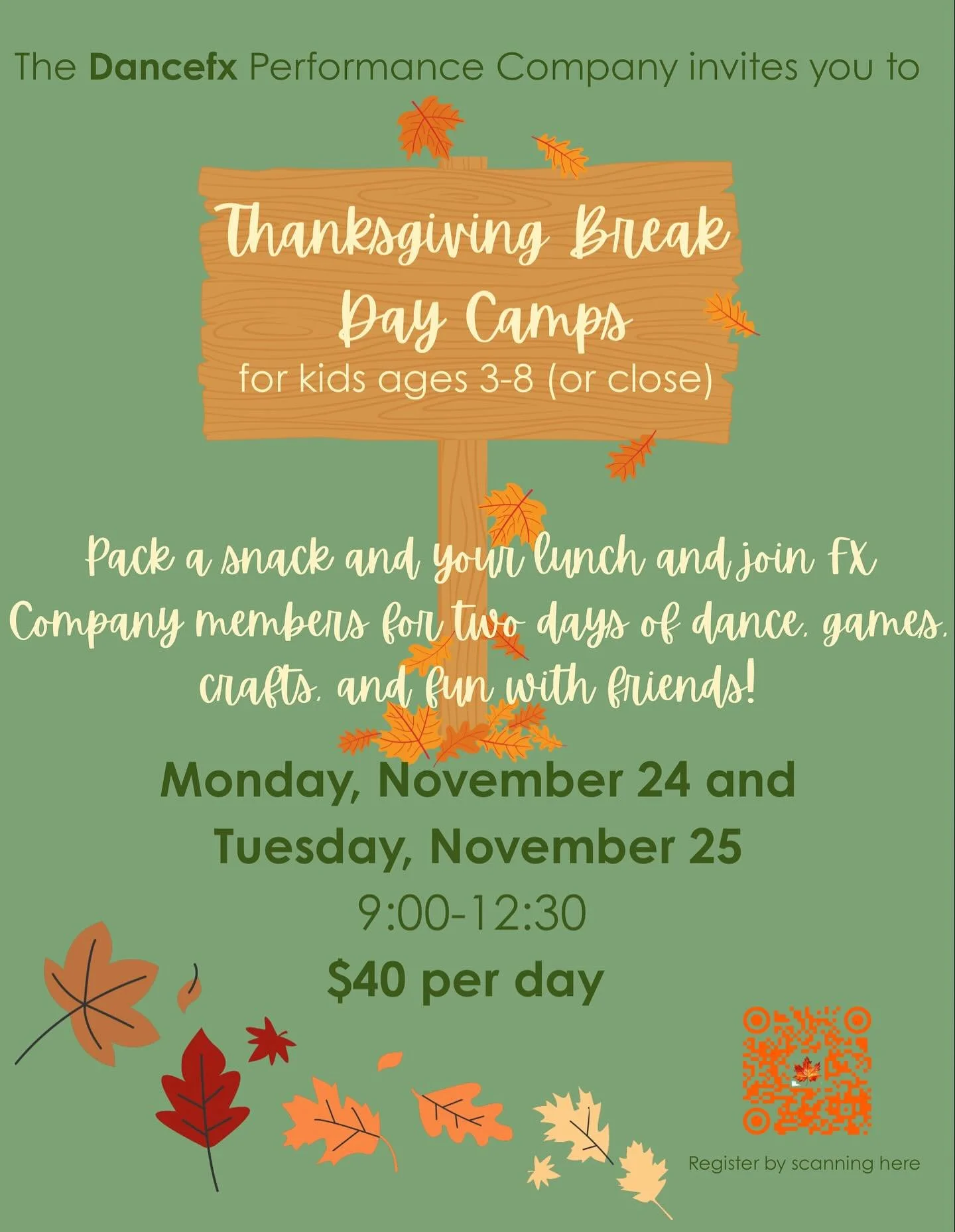 No need for Break Boredom! Kids ages 3-8 (or close!) are invited to join us on Monday, November 24 and Tuesday, November 25 for two mornings of dance, games, stories, and crafts. Register now using our drop in form at dancefx.org.