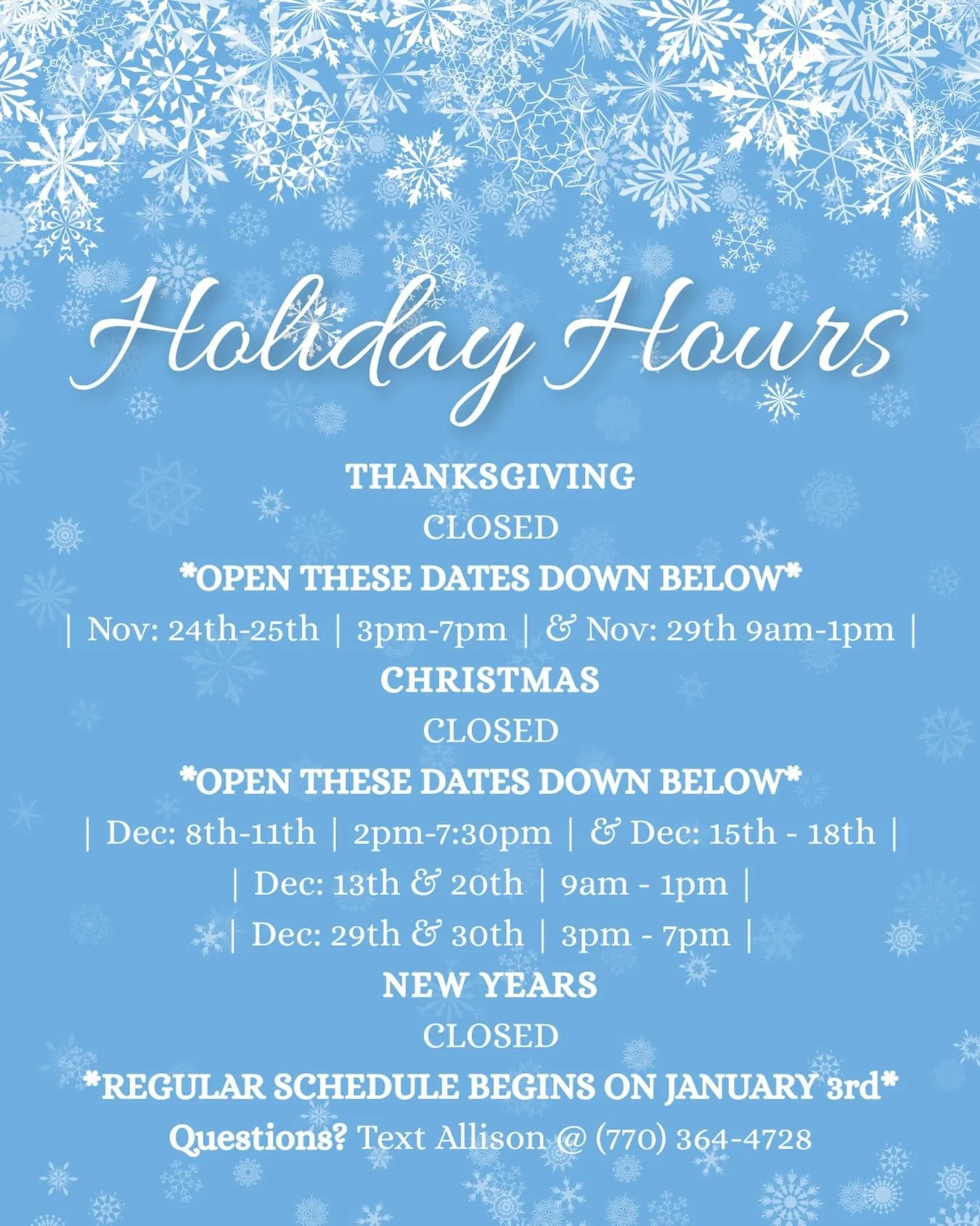 Wondering what times we&rsquo;re open this holiday season? Don&rsquo;t fret &mdash; here they are! We&rsquo;ll return to our regular schedule on January 3rd, and classes will start back up on January 4th.