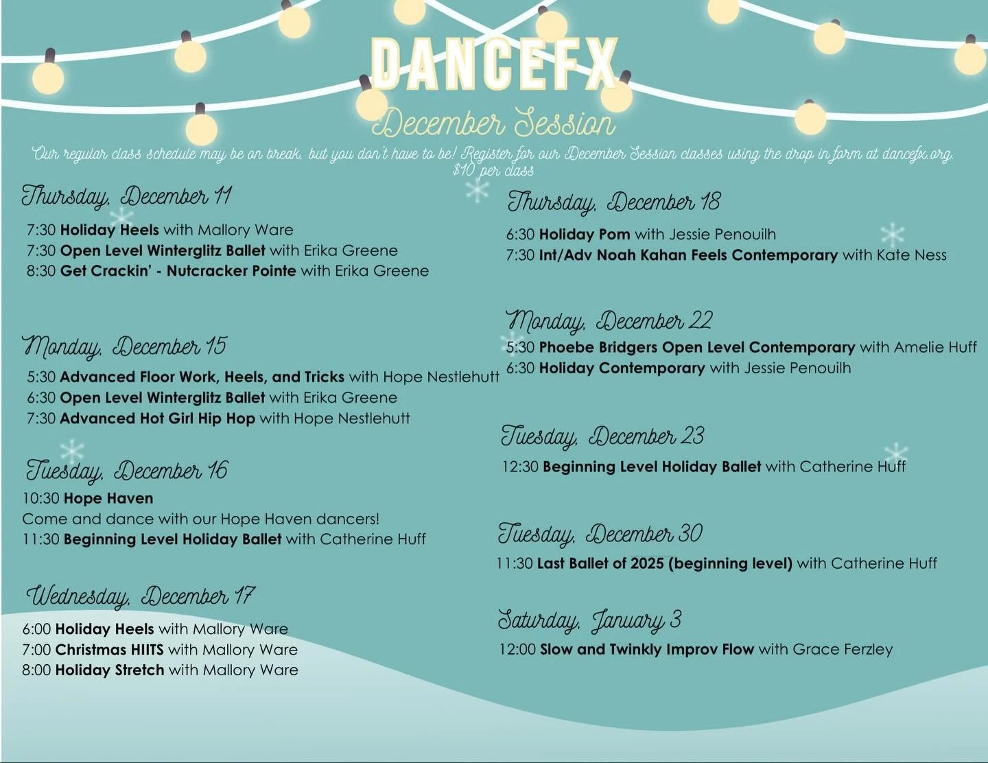 Our regular schedule of classes is on break, but December Session is in full swing! December Session classes are only $10 per class and you can register using the drop in form at dancefx.org. This is a great time to try a new style of dance or a new 