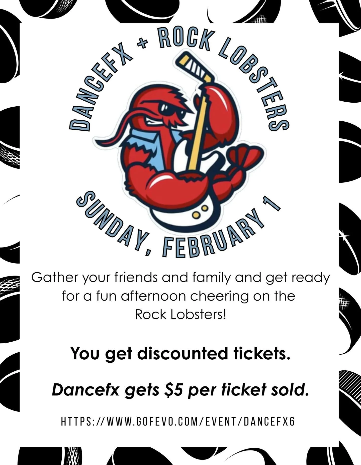 Come support Dancefx this Sunday, February 1 at the Rock Lobsters game! Use the ticket link above and not only do you get DISCOUNTED tickets, but Dancefx gets $5 per ticket sold.
You can find us at the Chuck-A-Puck table the day of the game where we 