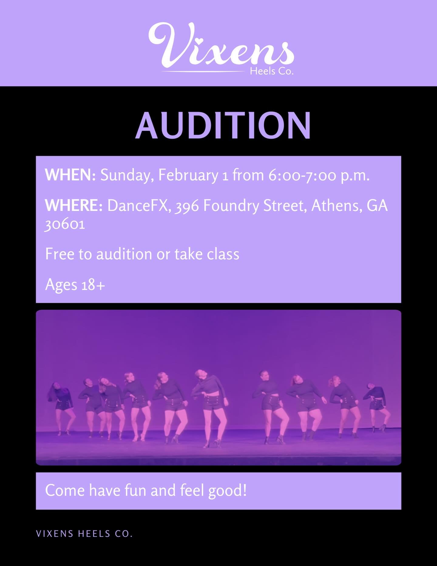 Our amazing heels company is holding auditions! You don&rsquo;t want to miss the experience of being part of this incredible team.
📅 February 1st
⏰ 6&ndash;7 PM
We can&rsquo;t wait to see you there!