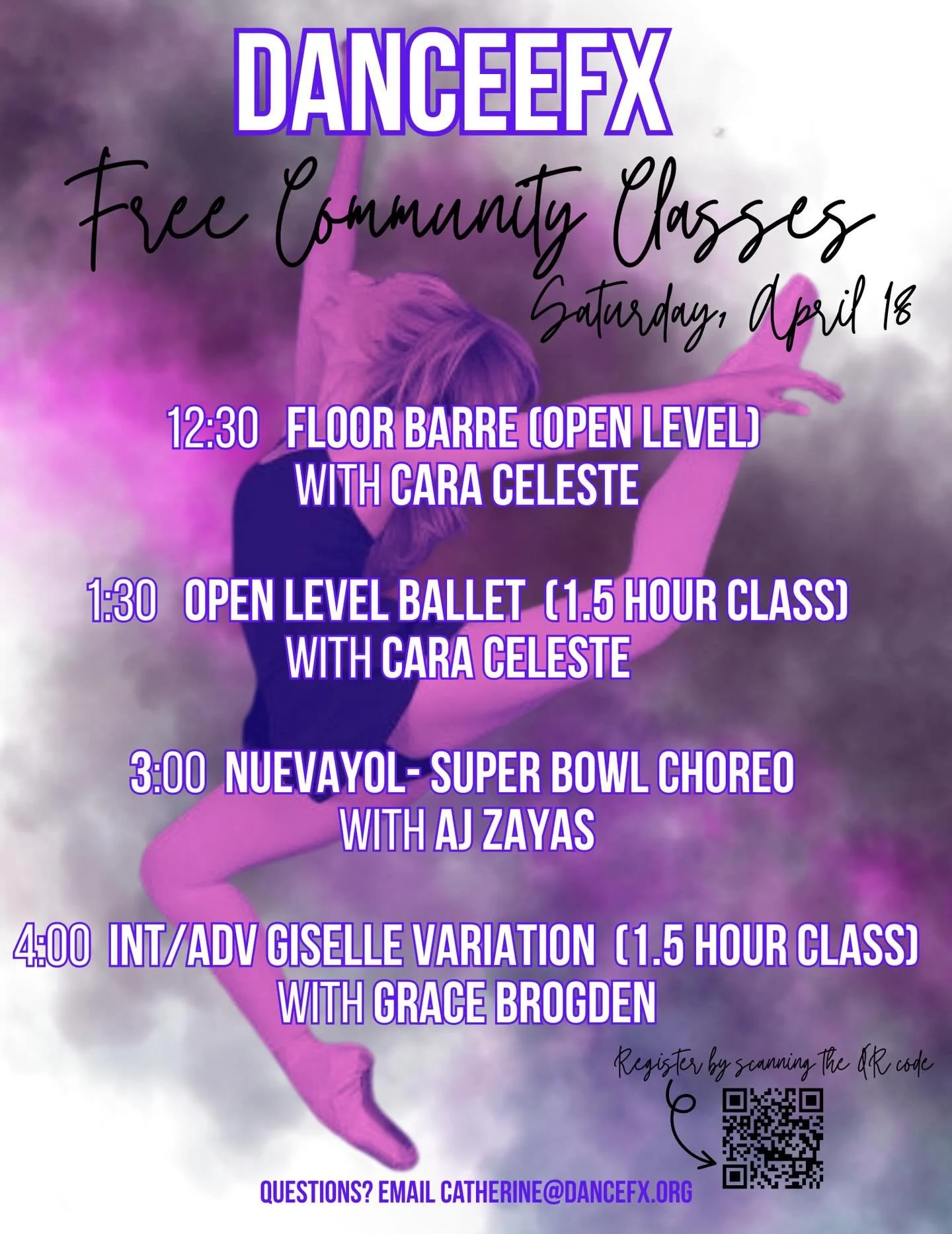 FREE Community Classes are this Saturday! We have an afternoon full of classes by some talented and fun teachers! You can register using our drop in form at dancefx.org.
