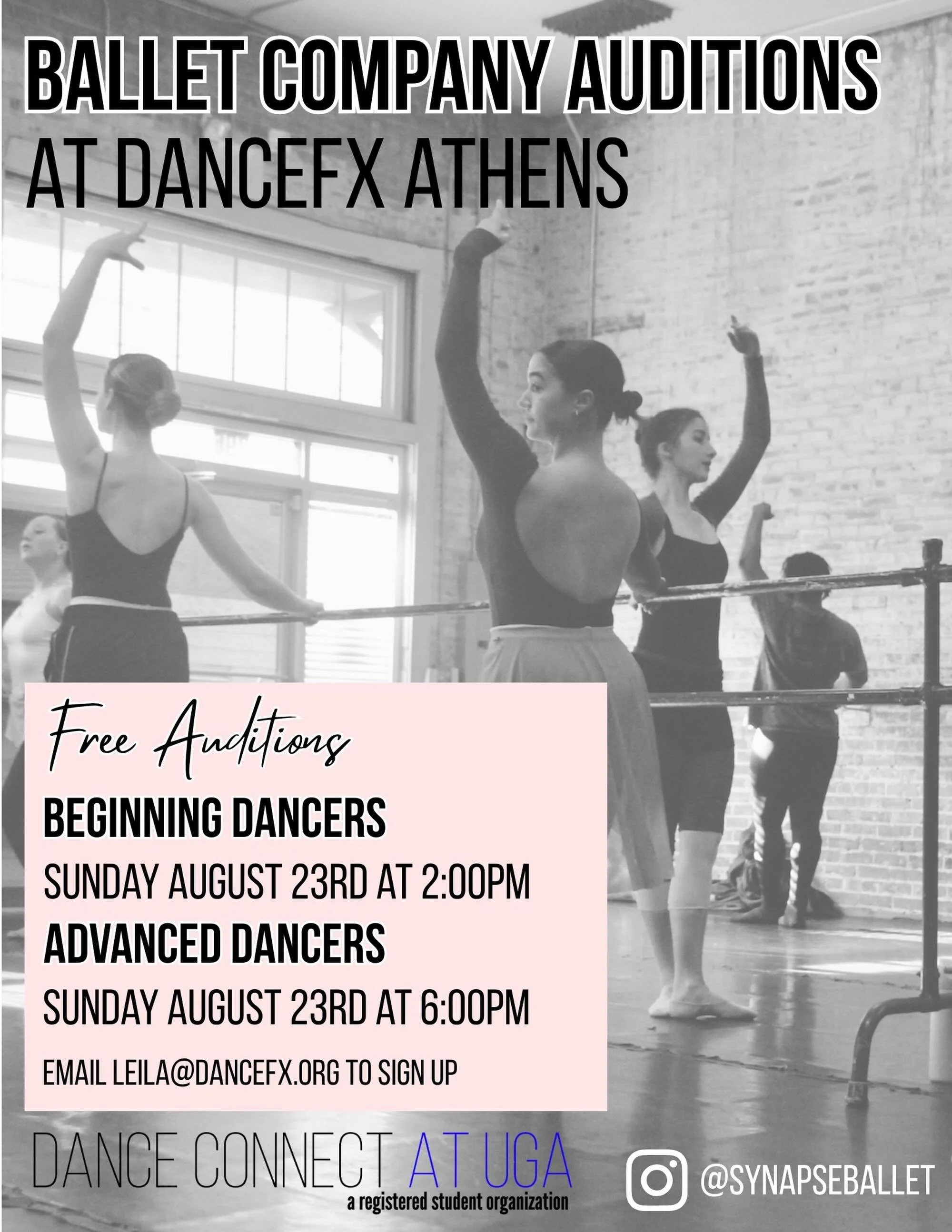 10 DAYS until auditions for the 2026-2027 season of Synapse Ballet Ensemble and Synapse Apprentice Ballet Ensemble!

Synapse Apprentice Auditions (Beginning Level):
&bull; Sunday August 23rd at 2:00pm
Synapse Auditions (Advanced Level):
&bull; Sunday