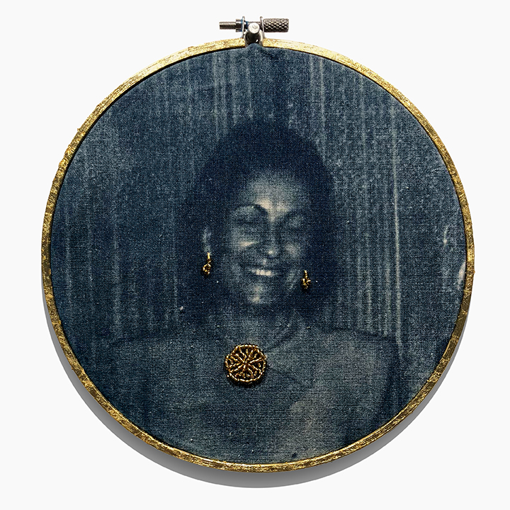  Cyanotype on cloth with gold beading in gold leafed embroidery hoop. 