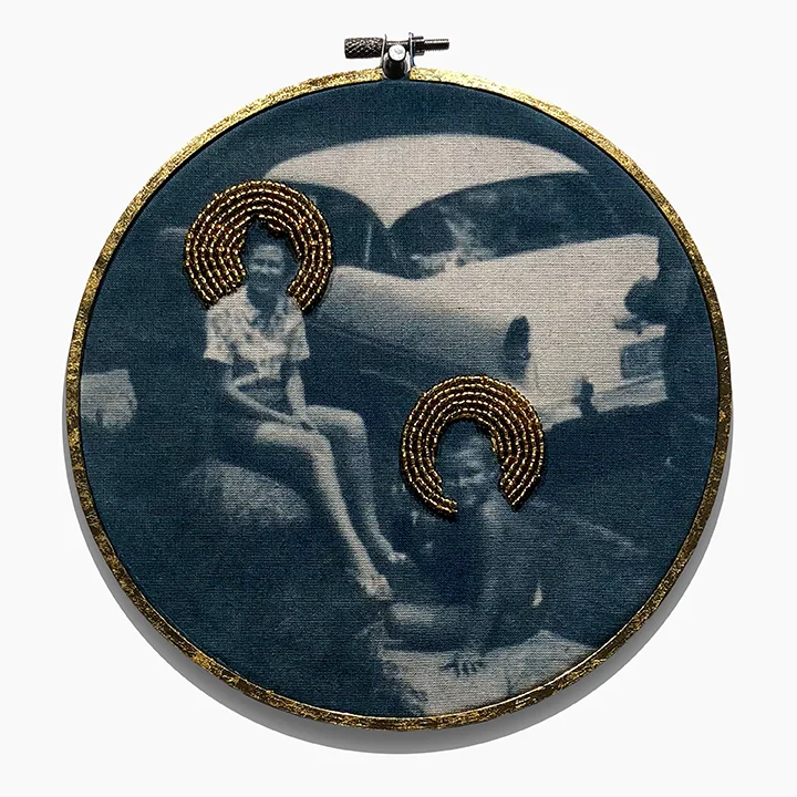 Cyanotype on cloth with gold beading in gold leafed embroidery hoop.