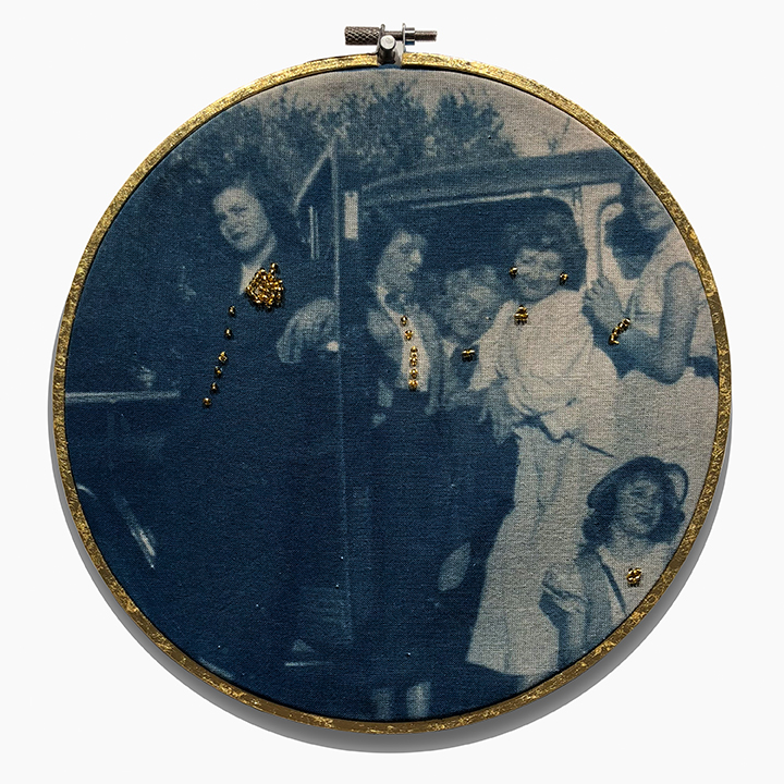  Cyanotype on cloth with gold beading in gold leafed embroidery hoop. 