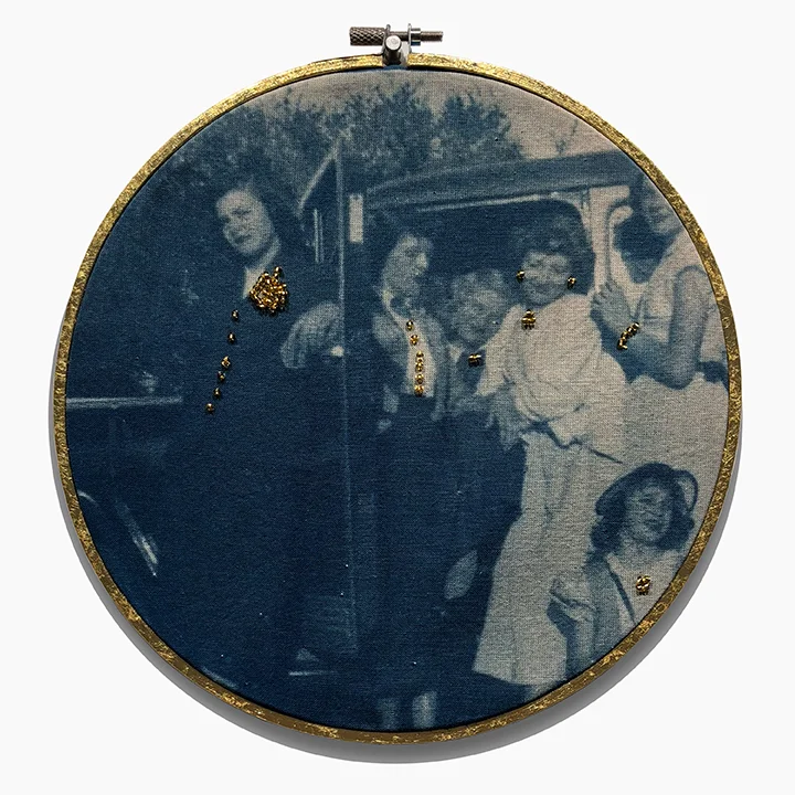 Cyanotype on cloth with gold beading in gold leafed embroidery hoop.