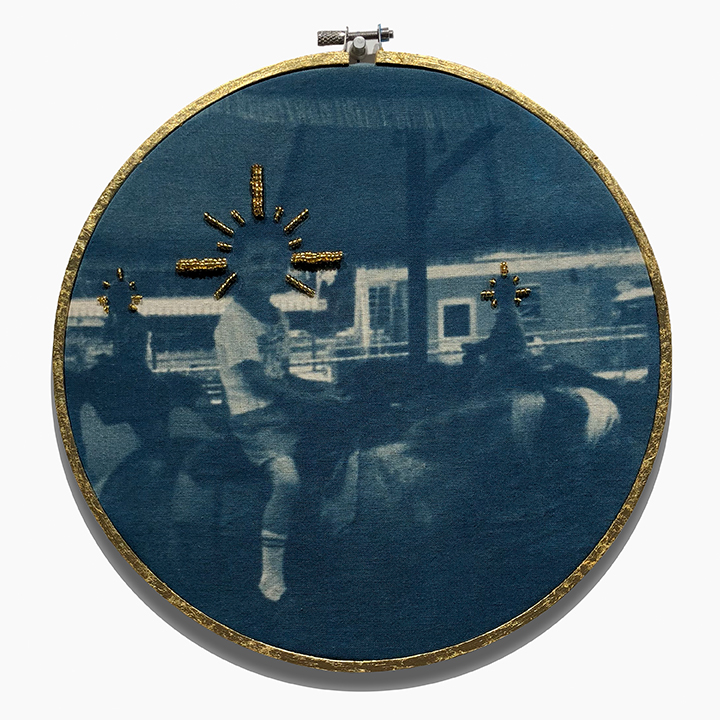  Cyanotype on cloth with gold beading in gold leafed embroidery hoop. 