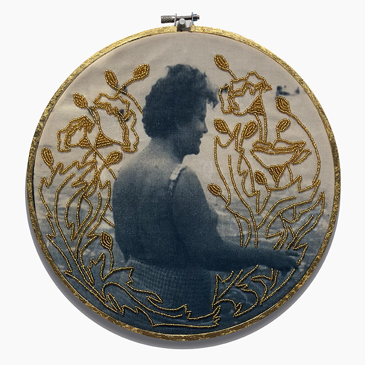 Cyanotype on cloth with gold beading in gold leafed embroidery hoop.