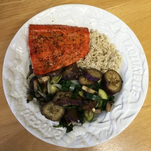 Salmon, brown rice, and veggies sauteed in avocado oil