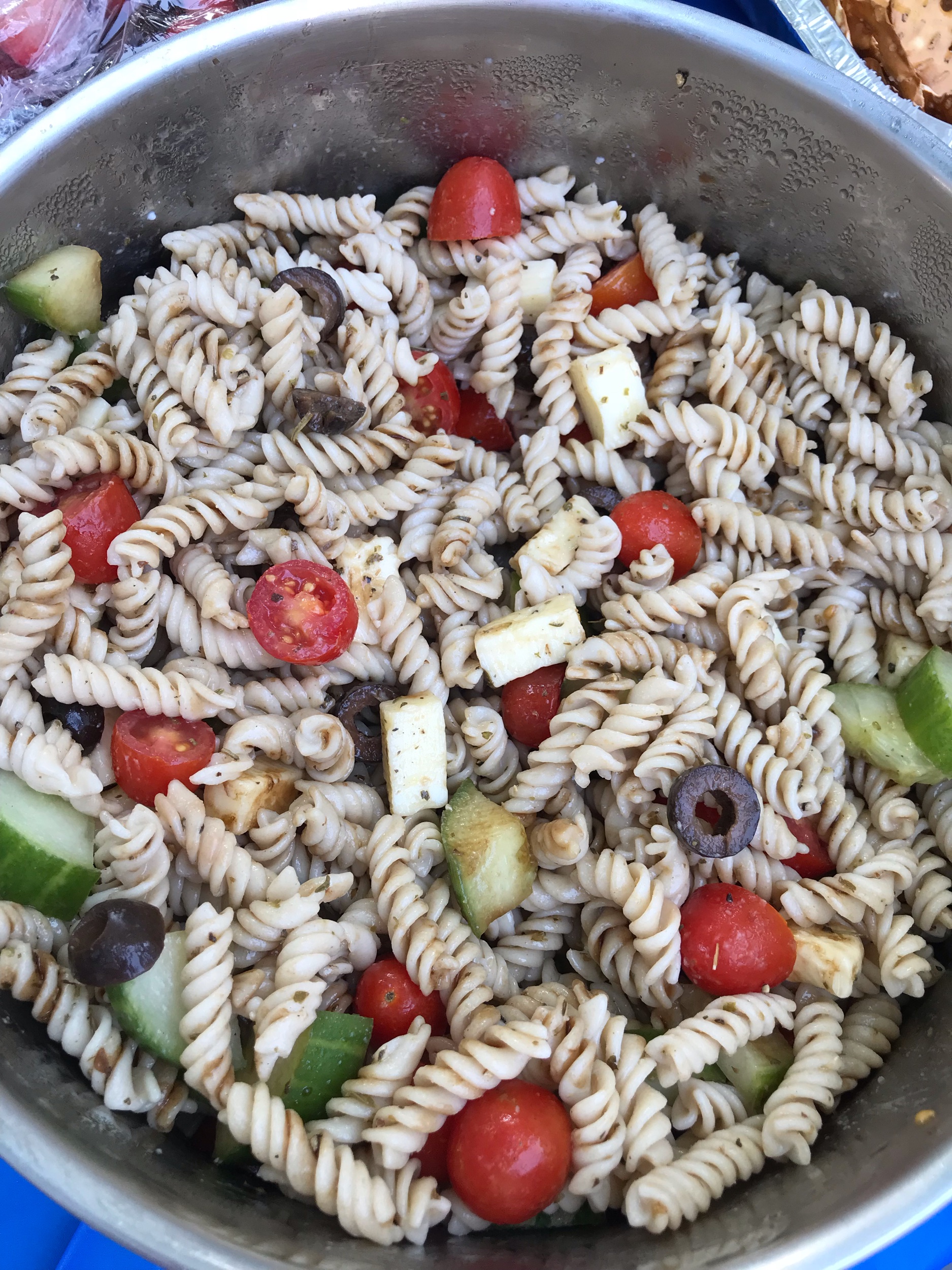 Rooted Pasta salad: 2 boxes chickpea or brown rice pasta 1/2 cup Organic Valley grass-fed mozzarella, cubed 1 can black olives, sliced 1c cherry tomatoes, halved 1 large cucumber, chopped —Prepare pasta according to directions, then rinse in cold water and transfer to a large bowl. —Add vegetables, and dress with olive oil, balsamic vinegar, Italian seasoning and salt to taste. —Pop it in the fridge until party time to serve chilled