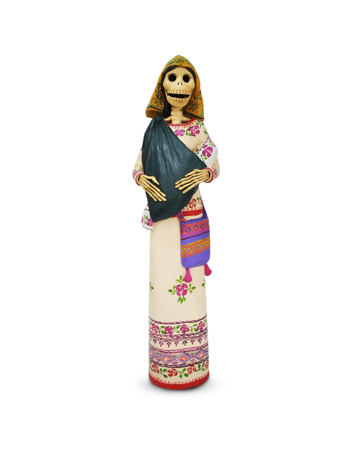 Catrina de barro traje tradicional huichol — Tikal Arte Mexicano