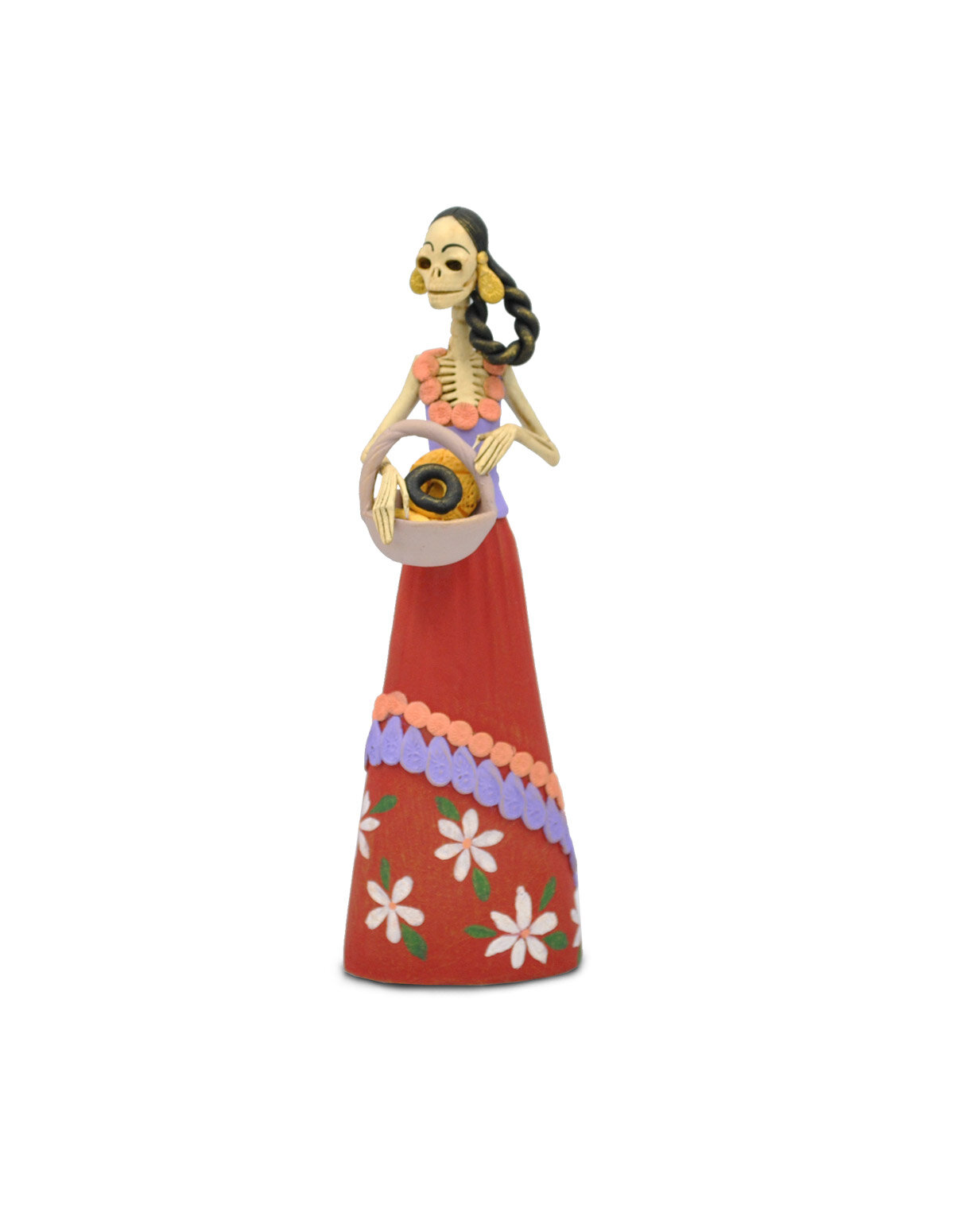 Catrina de barro vestido rojo y canasta de pan — Tikal Arte Mexicano