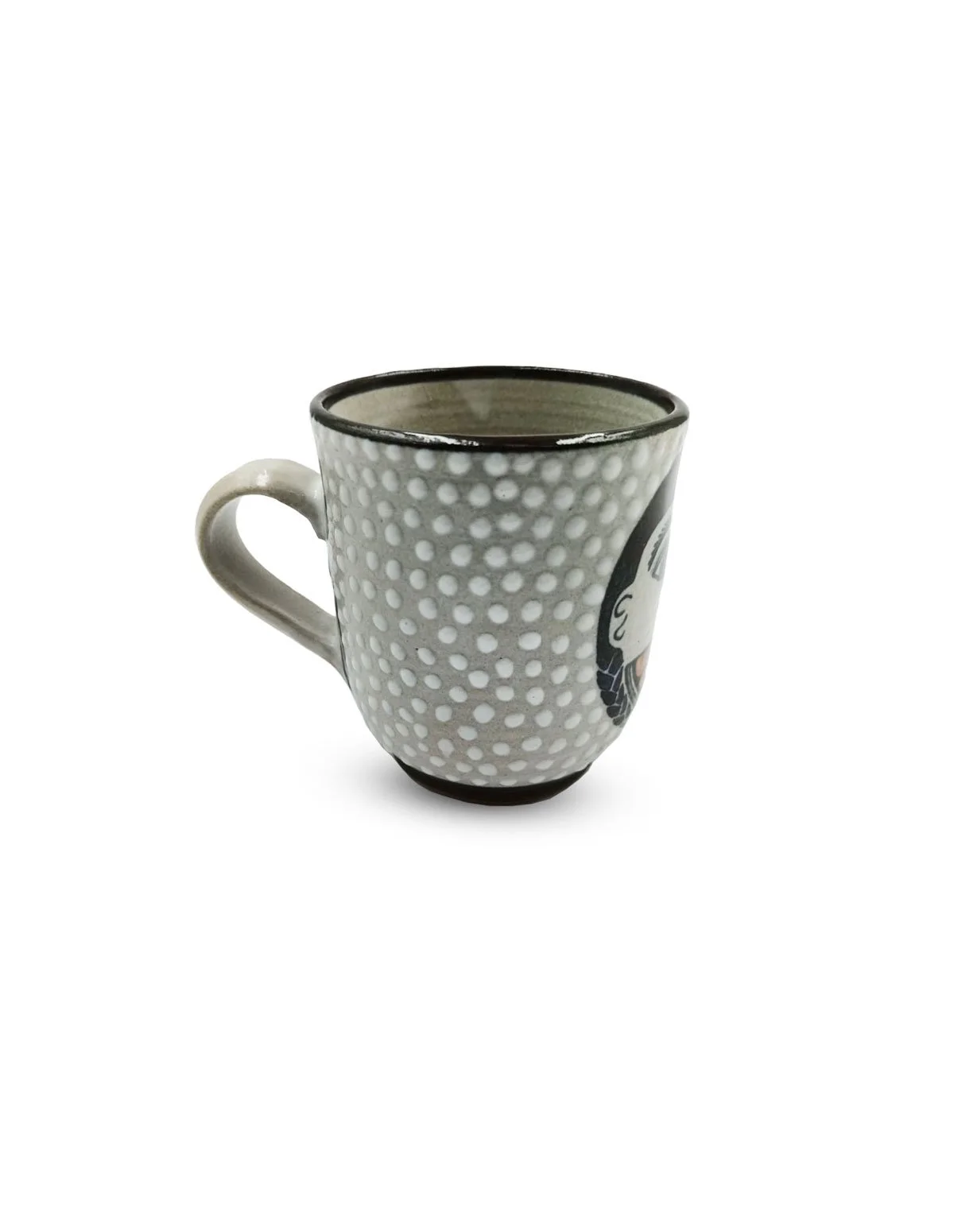 Taza gris con diseño rostro y naranja hecha con cerámica de manera ...