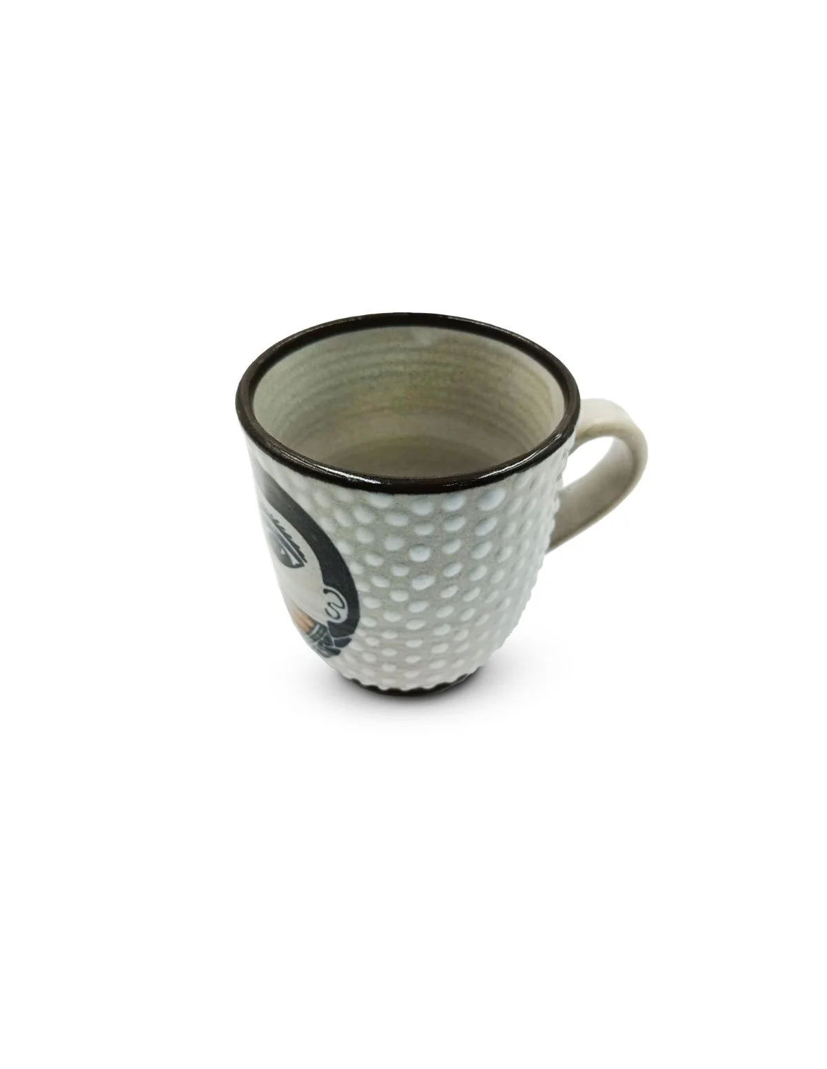 Taza gris con diseño rostro y naranja hecha con cerámica de manera ...