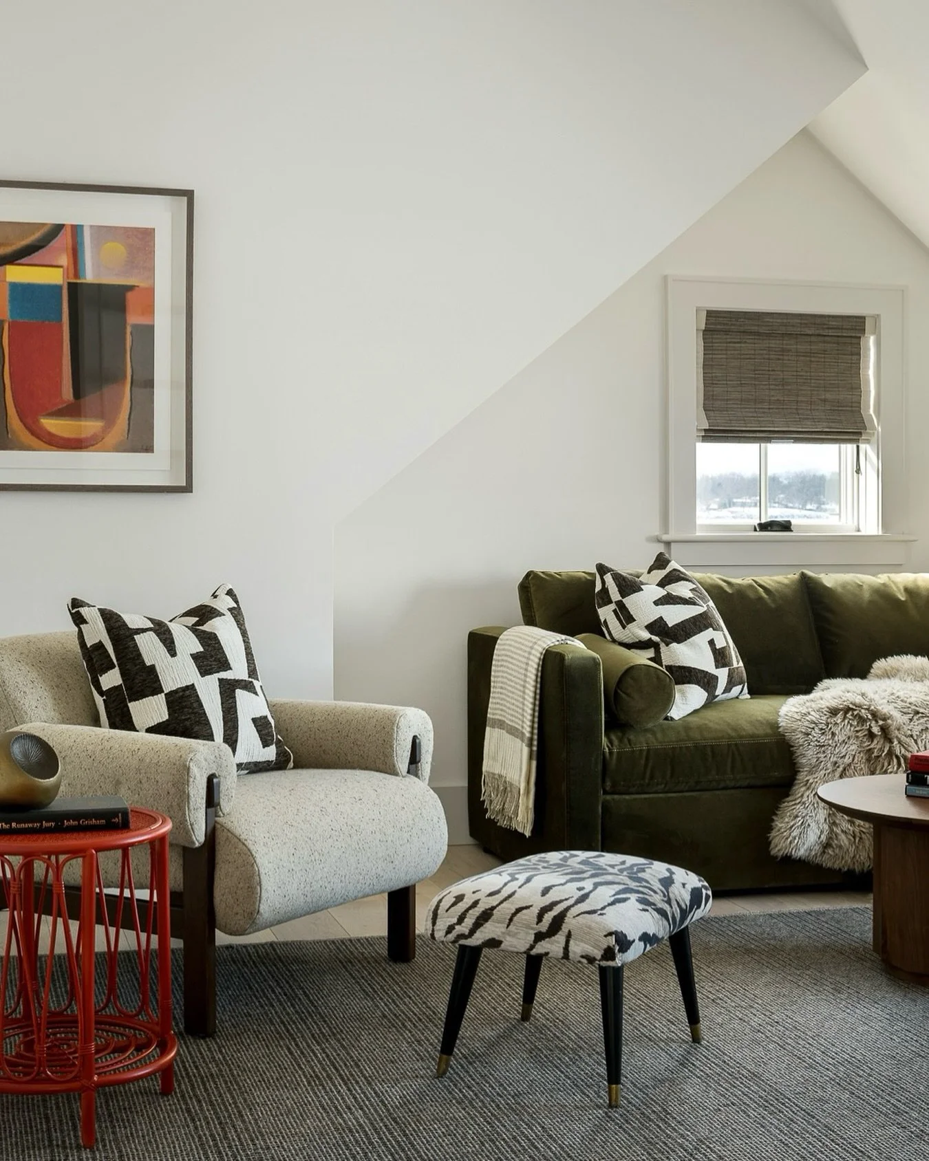 Working from home never looked so chic. Our client asked for a comfortable and cozy backdrop to his built-in desk facing the lake.  I would end up taking a little nap on this sofa.  How about you?

Project: &ldquo;The Gathering House&rdquo;
Interiors