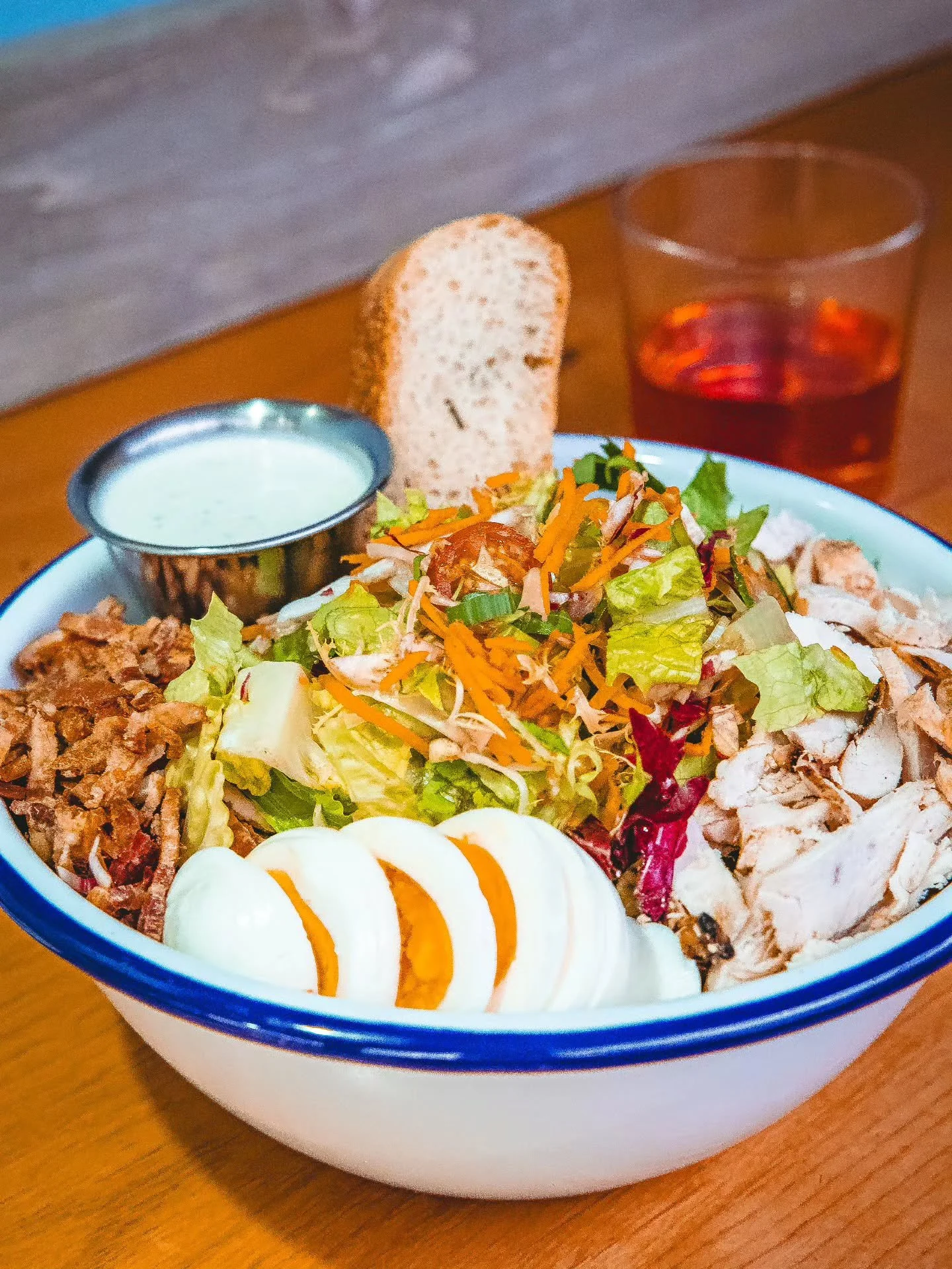 Flavor packed and full of protein, our Cobber Salad is made with chili-lime chicken, niman ranch bacon, sliced organic egg, cherry tomato, cucumber, carrot, scallion, romaine mix, garlic crouton and topped with our barn ranch dressing. 🥗 

Order ahe